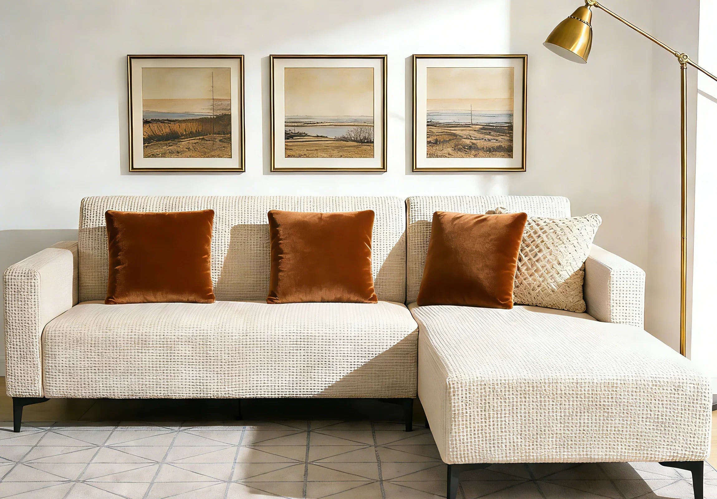 Universal sofa cover styling with matching rug and pillows in a modern living room