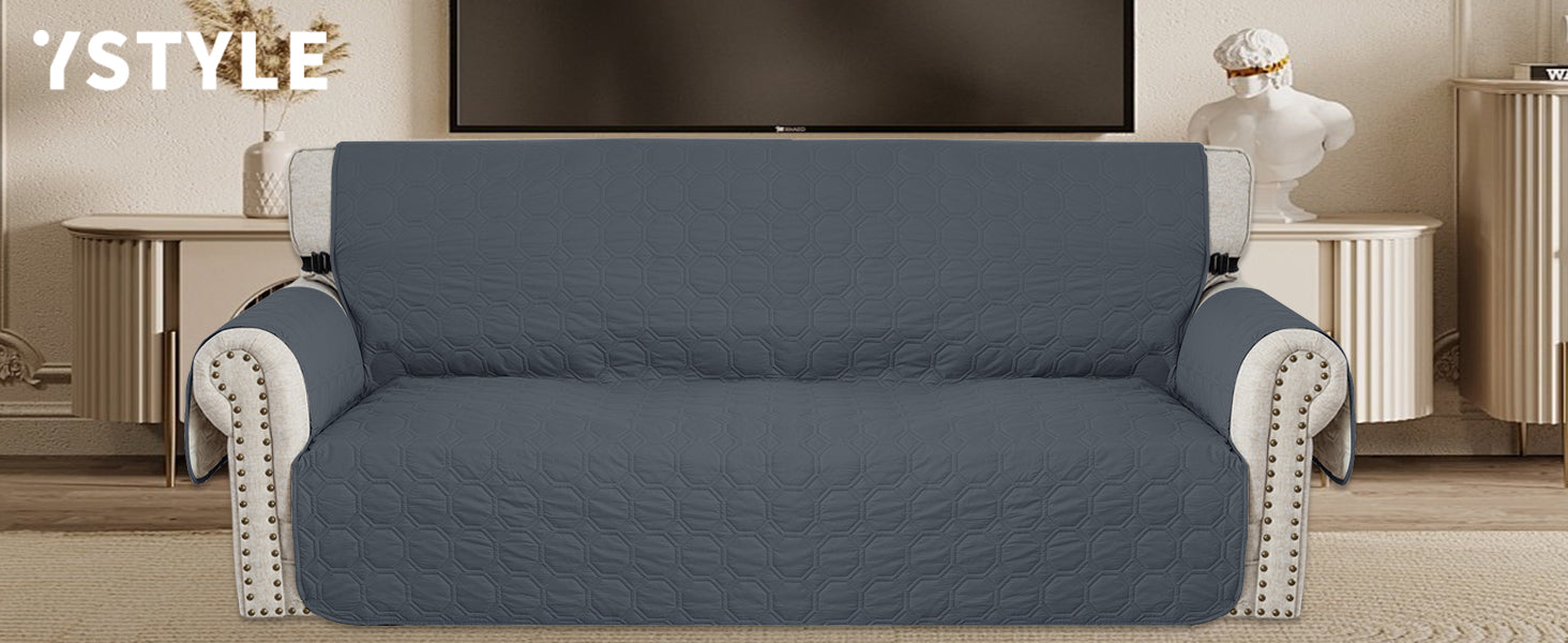 Durable water-resistant couch cover for pets and kids, easy to clean grey quilted fabric protector.