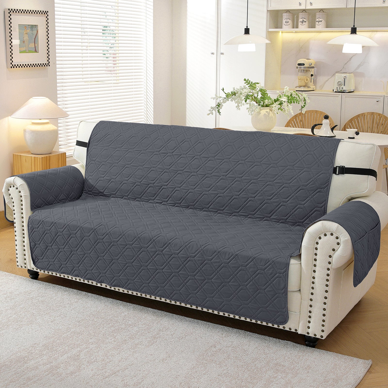 4 Seater Sofa Cover with Armrests Waterproof Anti Slip Pockets