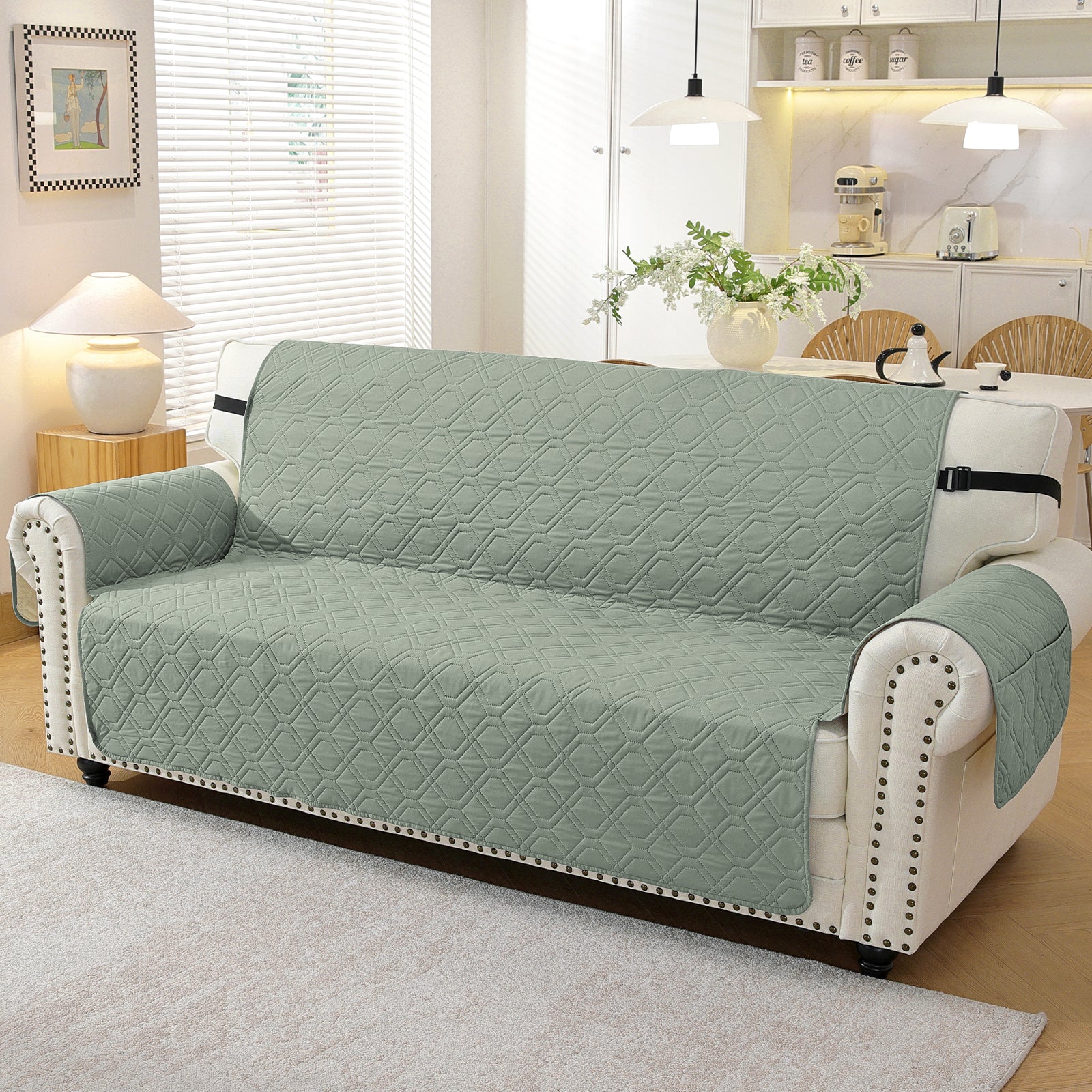 4 Seater Sofa Cover with Armrests Waterproof Anti Slip Pockets