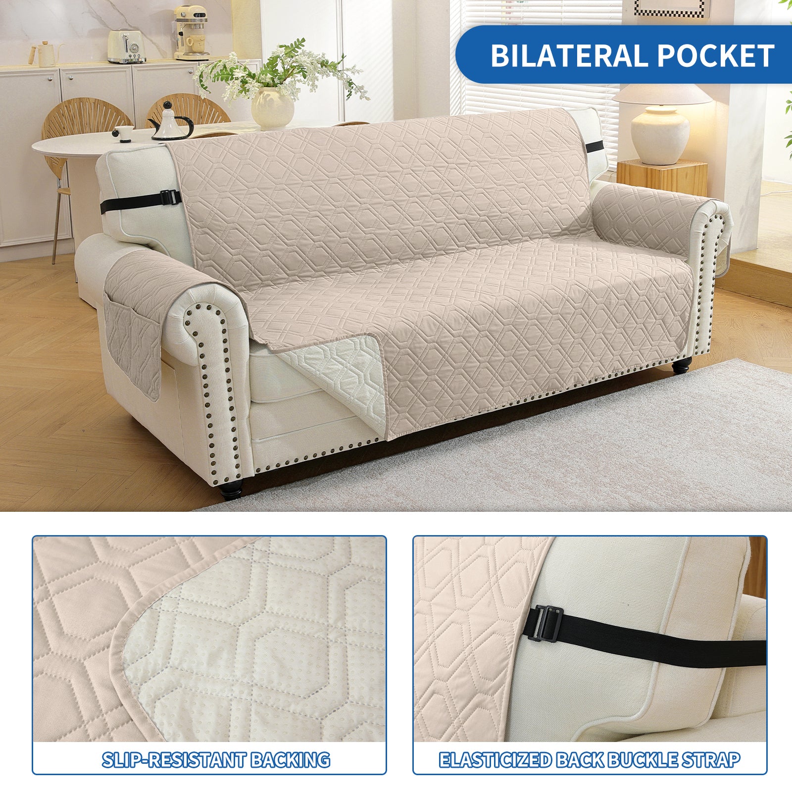 4 Seater Sofa Cover with Armrests Waterproof Anti Slip Pockets