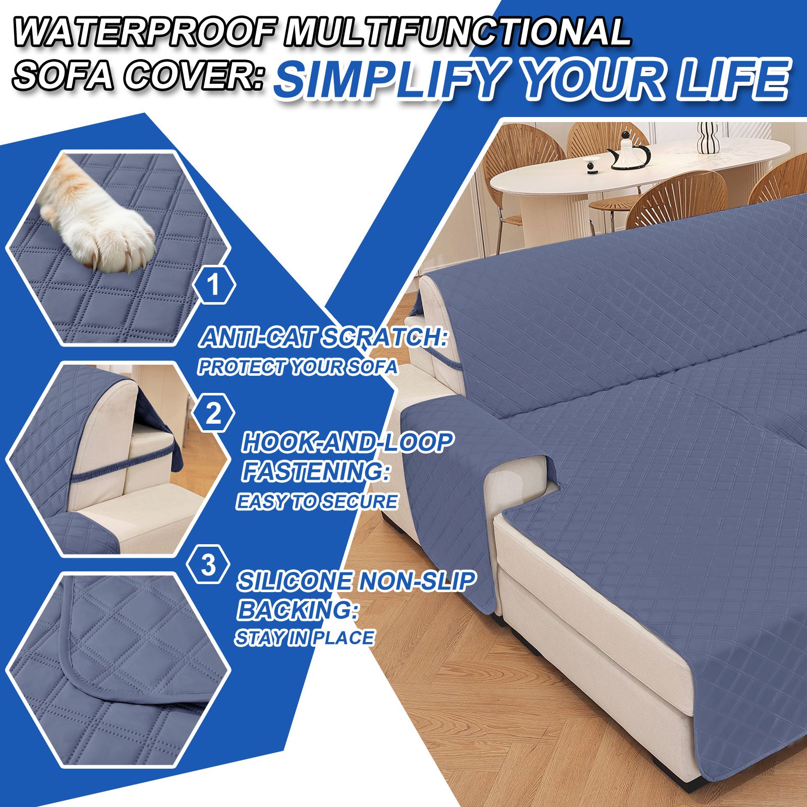 YSTYLE 100% Waterproof 3 Seater Corner Sofa Cover Reversible L Shape