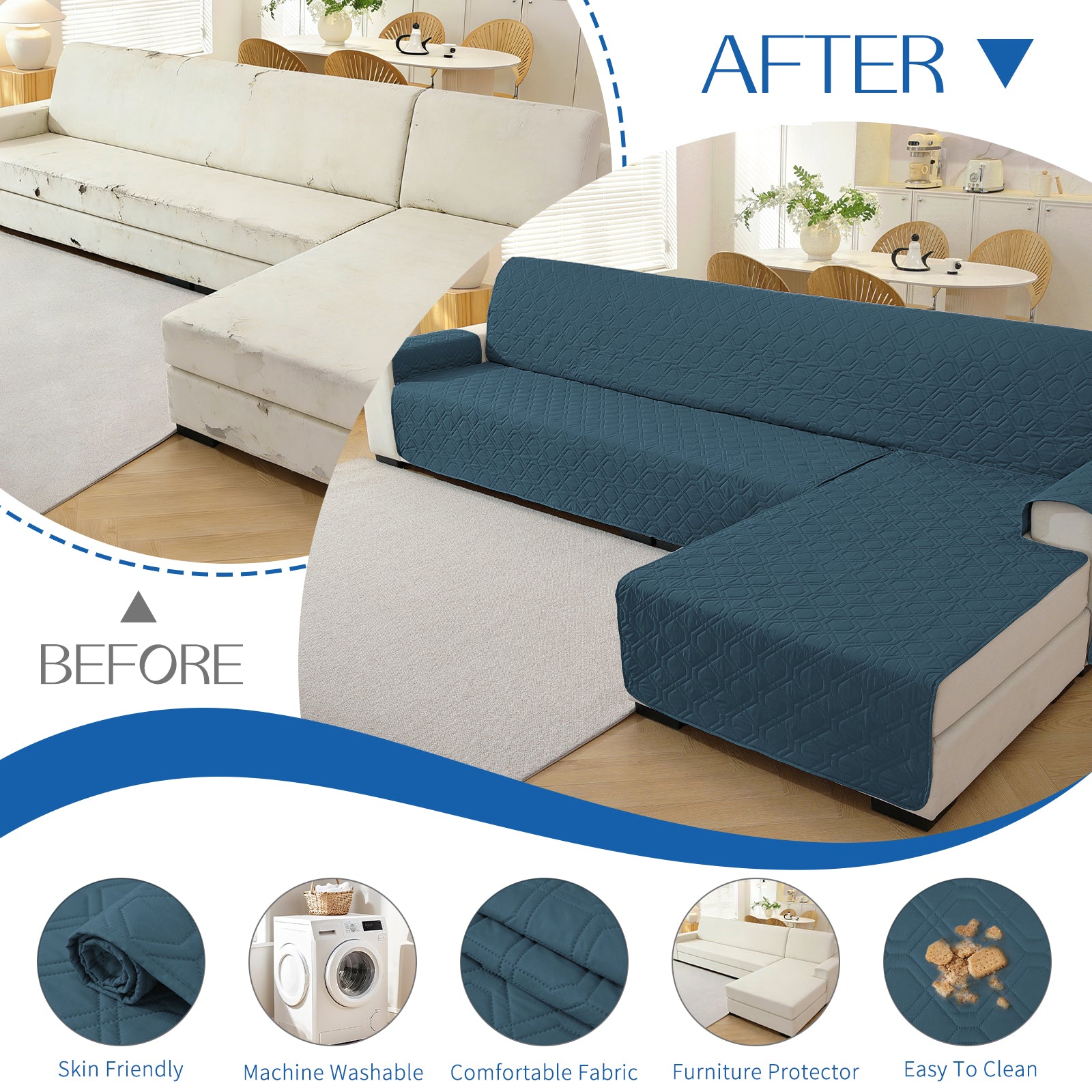 2 Seater Chaise canapé couverture imperméable Reversible antidérapant