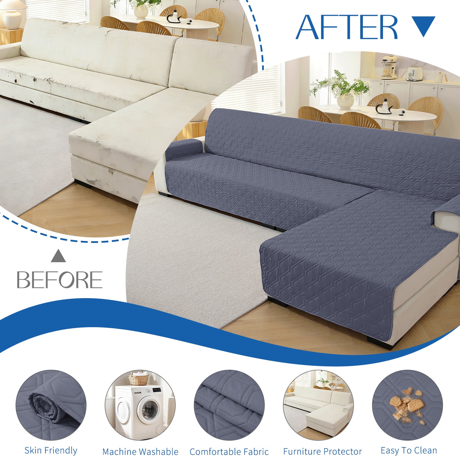 2 Seater Chaise canapé couverture imperméable Reversible antidérapant