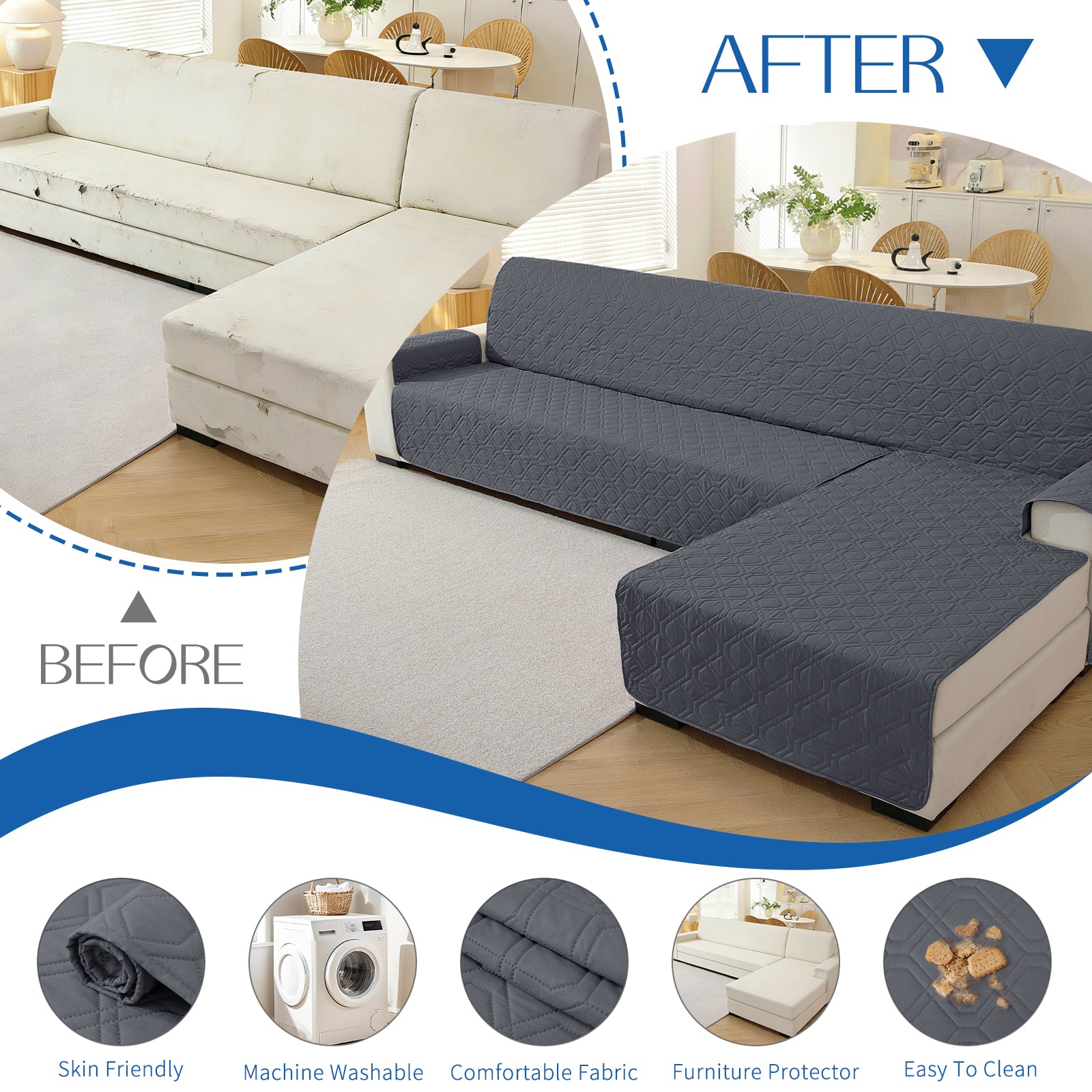 2 Seater Chaise canapé couverture imperméable Reversible antidérapant
