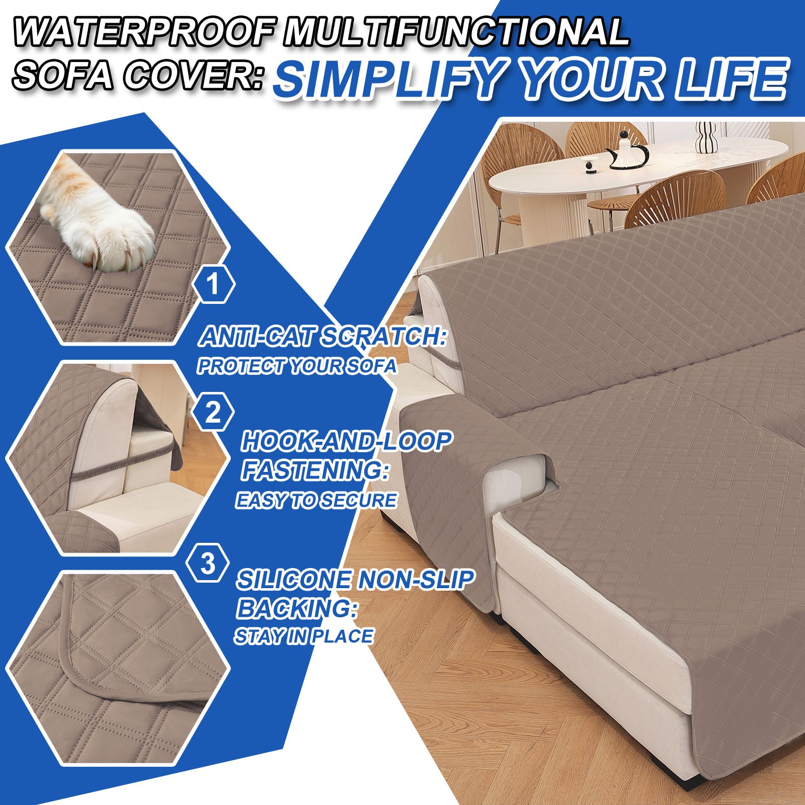 YSTYLE 100% Waterproof 3 Seater Corner Sofa Cover Reversible L Shape