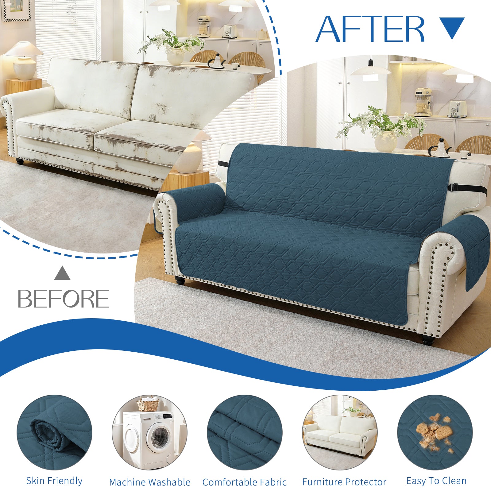 4 Seater Sofa Cover with Armrests Waterproof Anti Slip Pockets