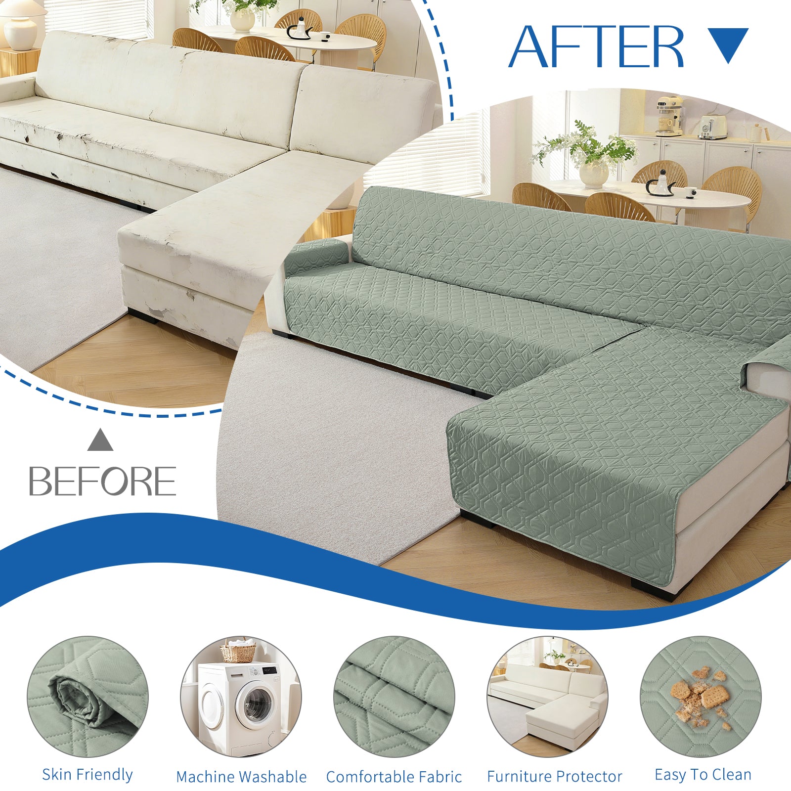 2 Seater Chaise canapé couverture imperméable Reversible antidérapant