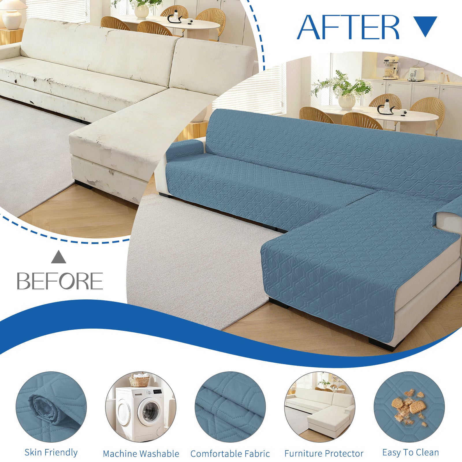 2 Seater Chaise canapé couverture imperméable Reversible antidérapant