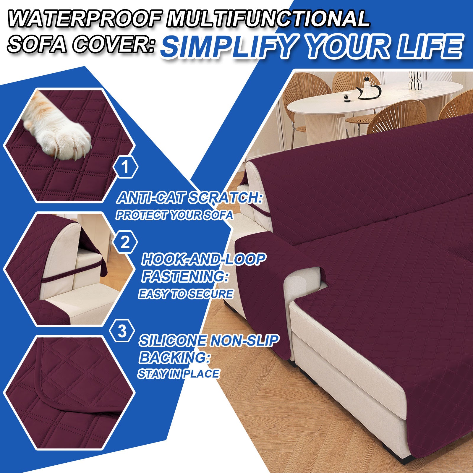 YSTYLE 100% Waterproof 3 Seater Corner Sofa Cover Reversible L Shape