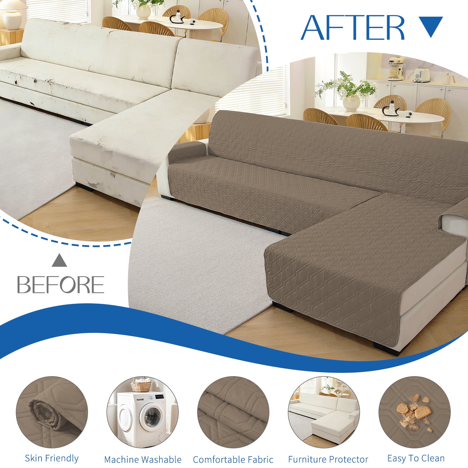 2 Seater Chaise canapé couverture imperméable Reversible antidérapant