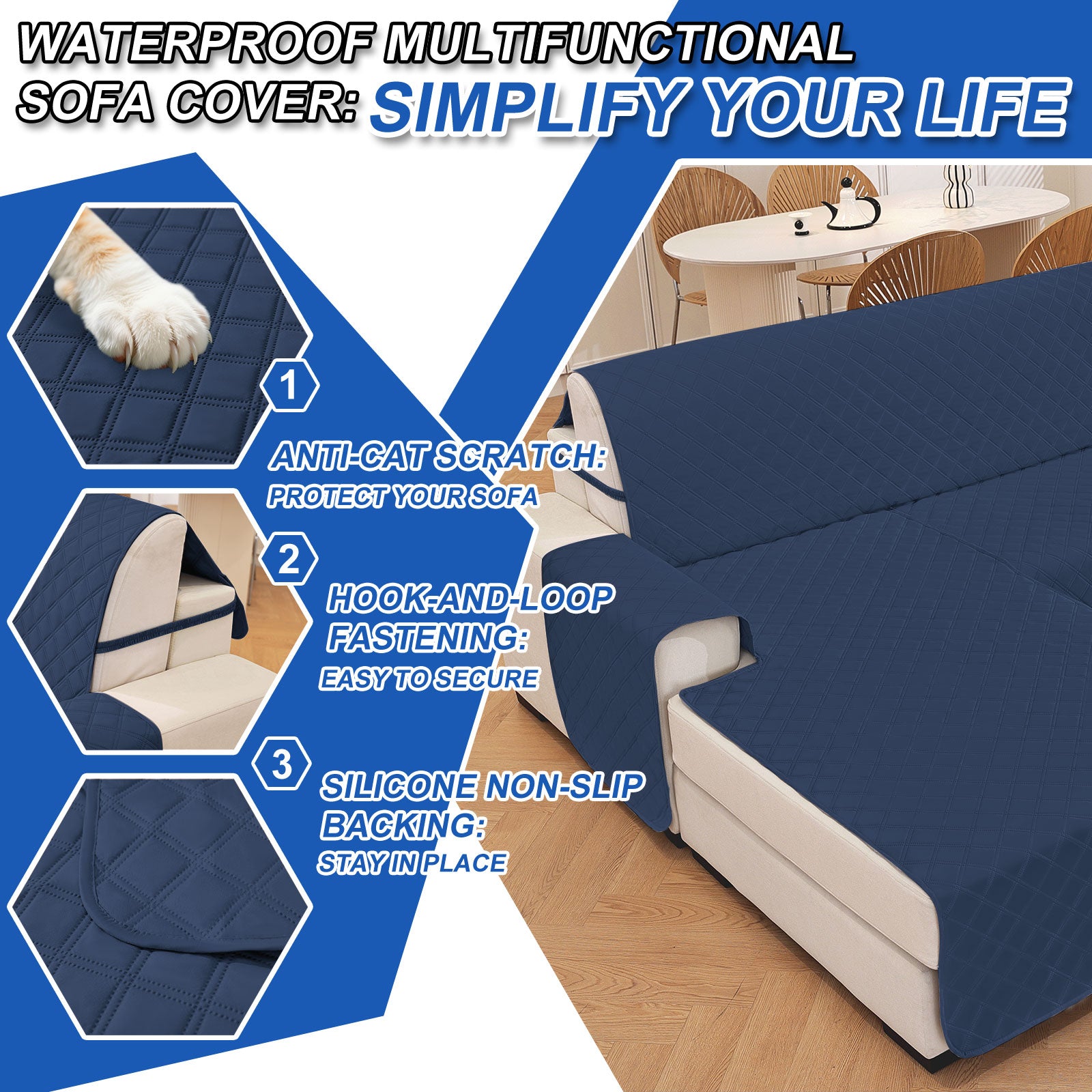 YSTYLE 100% Waterproof 3 Seater Corner Sofa Cover Reversible L Shape