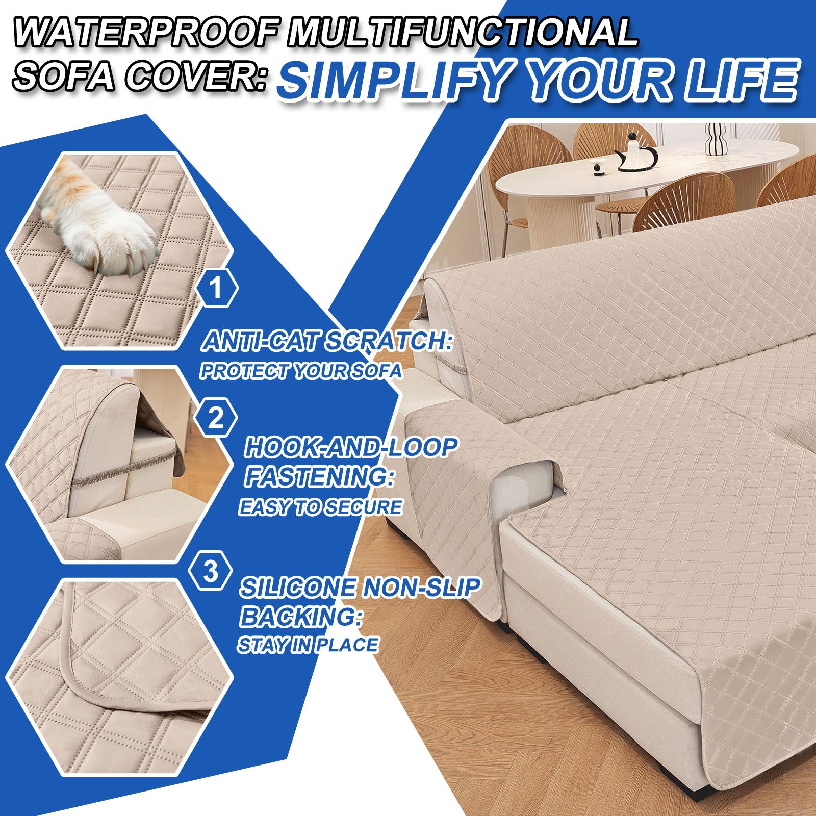 YSTYLE 100% Waterproof 3 Seater Corner Sofa Cover Reversible L Shape
