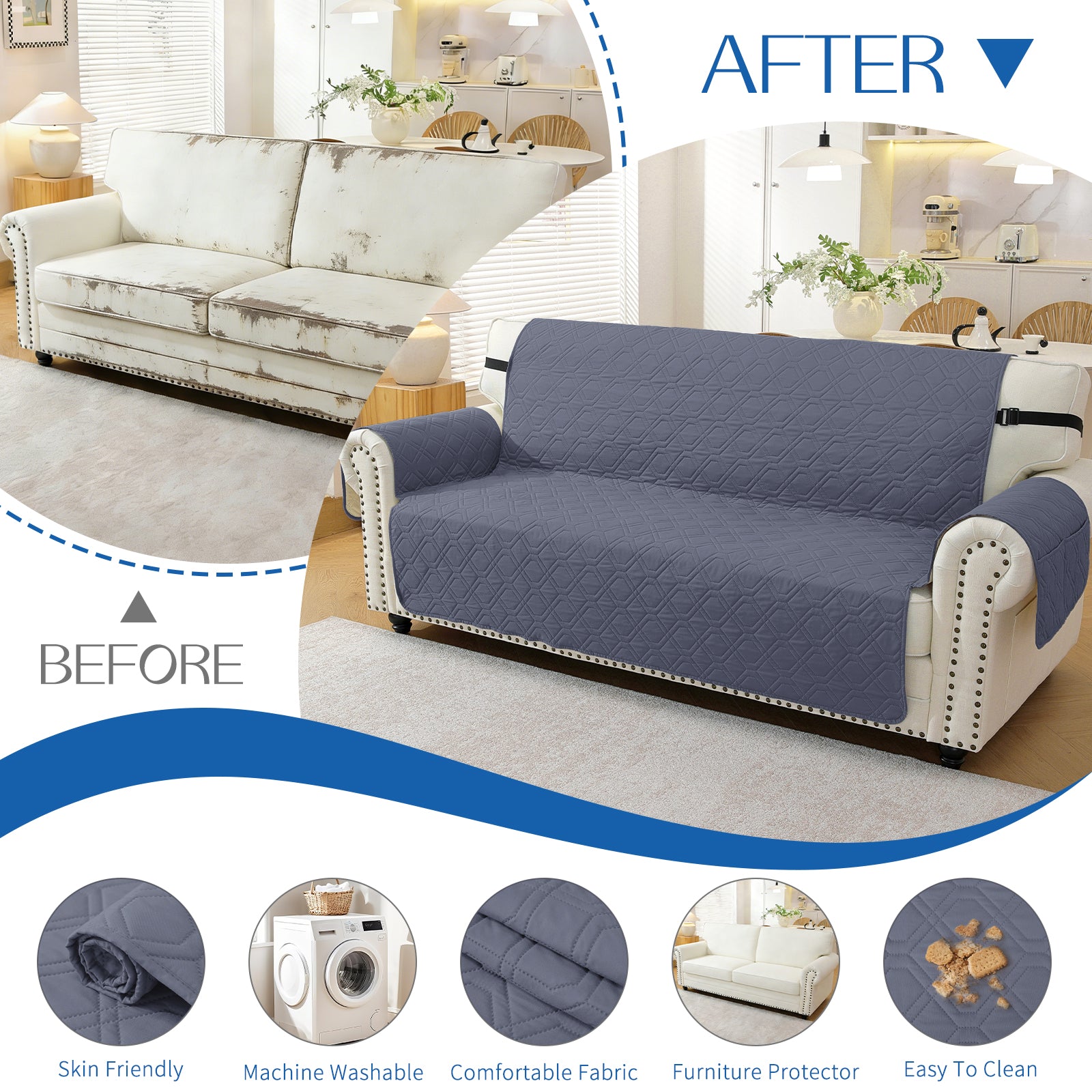 4 Seater Sofa Cover with Armrests Waterproof Anti Slip Pockets