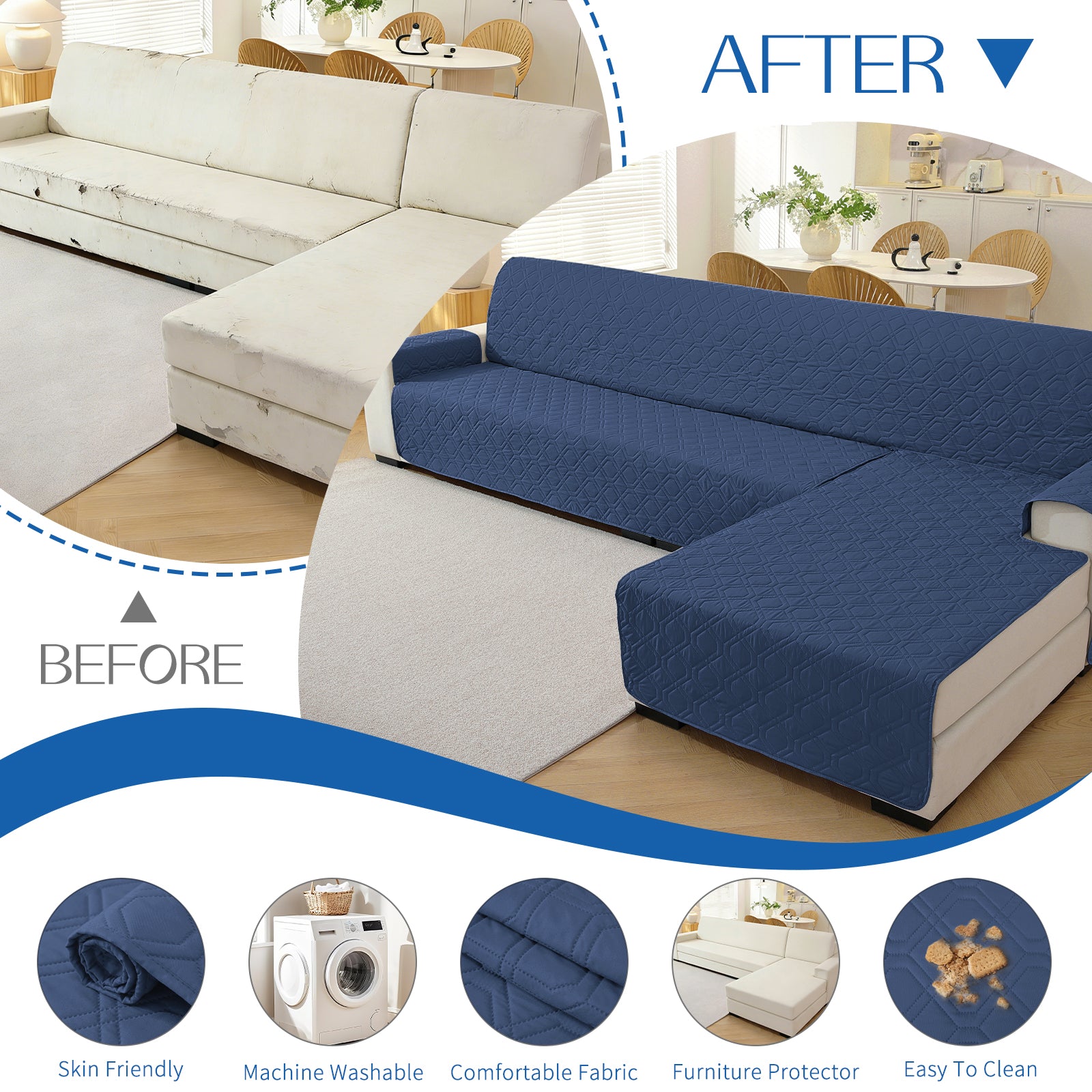 2 Seater Chaise canapé couverture imperméable Reversible antidérapant