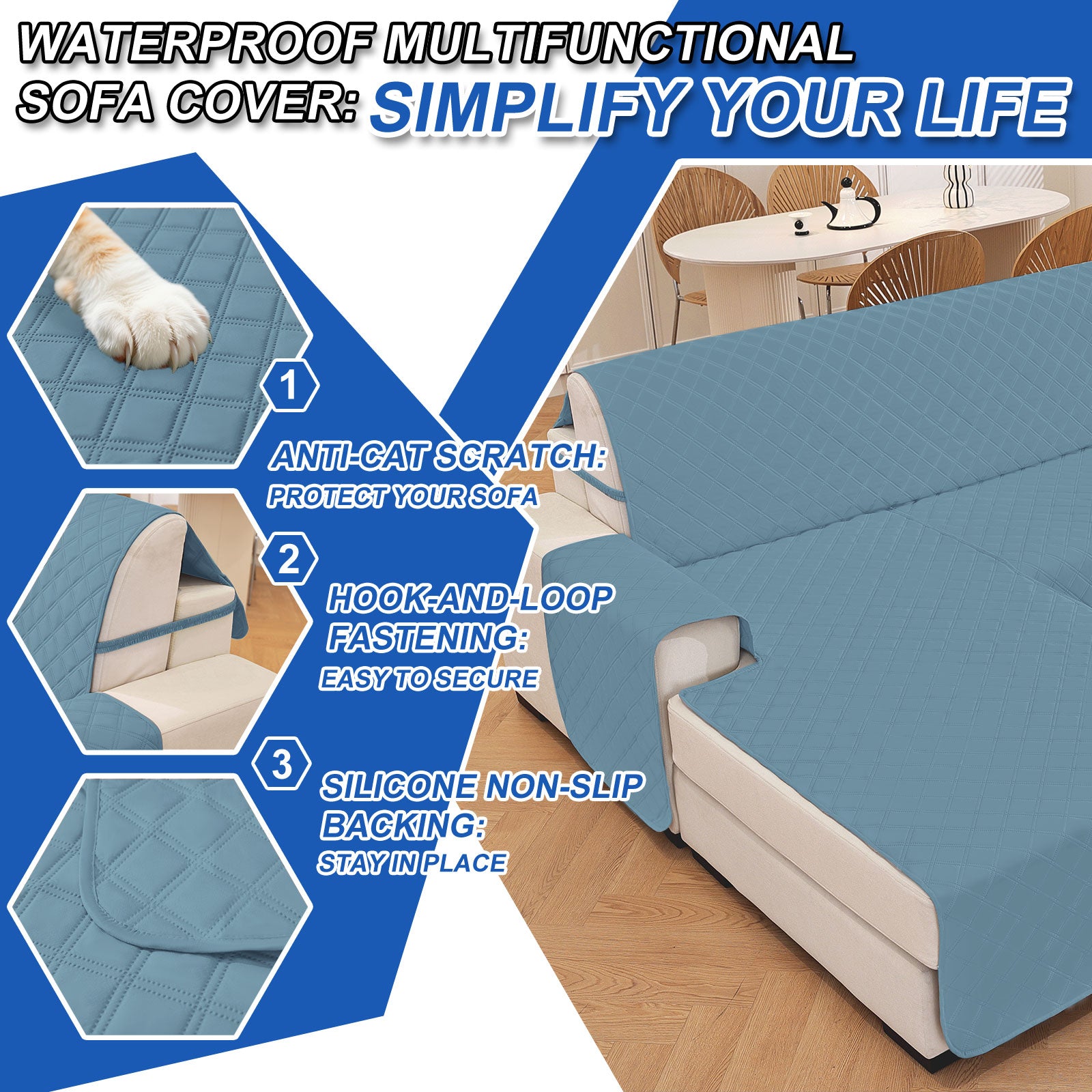 YSTYLE 100% Waterproof 3 Seater Corner Sofa Cover Reversible L Shape