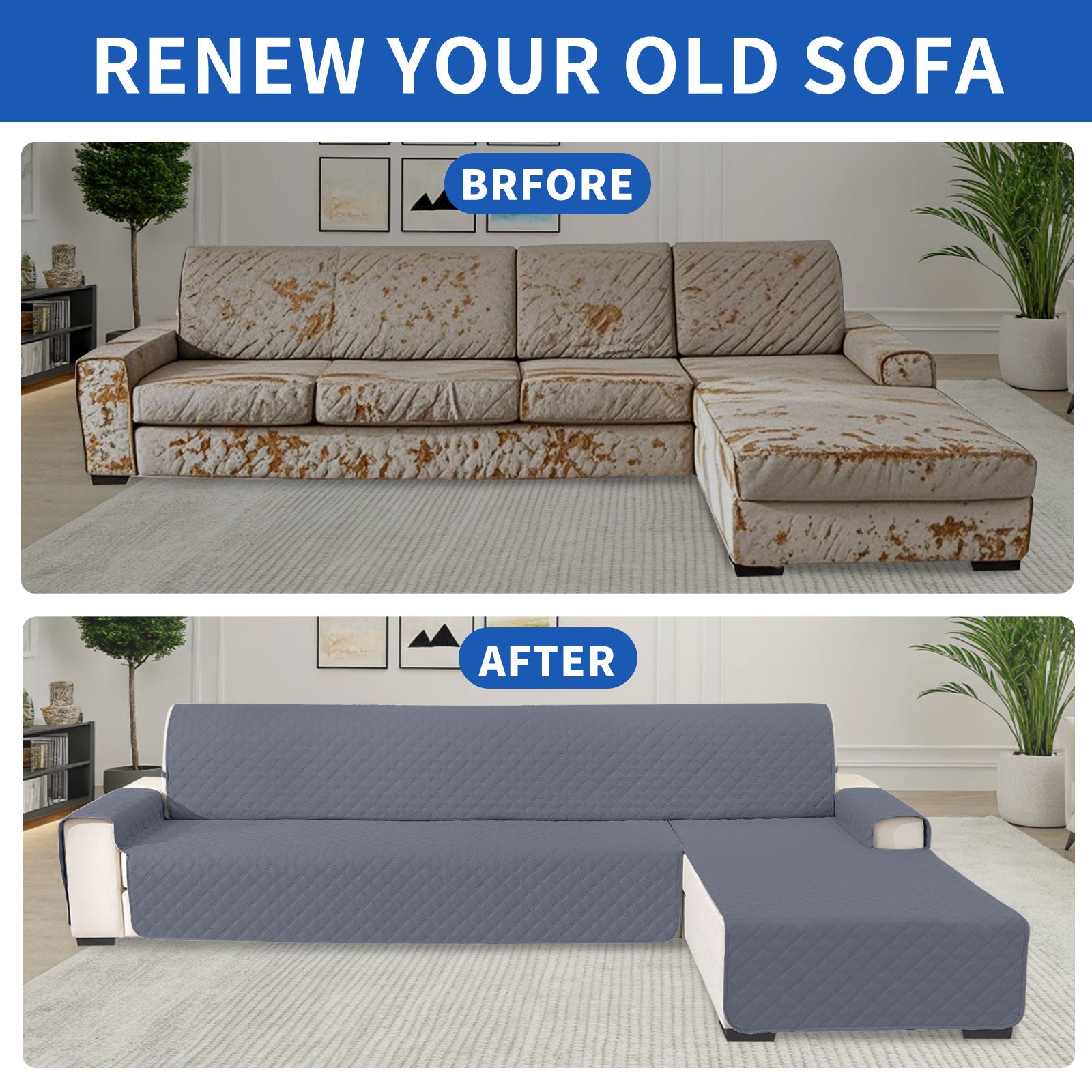 YSTYLE 100% Waterproof 3 Seater Corner Sofa Cover Reversible L Shape