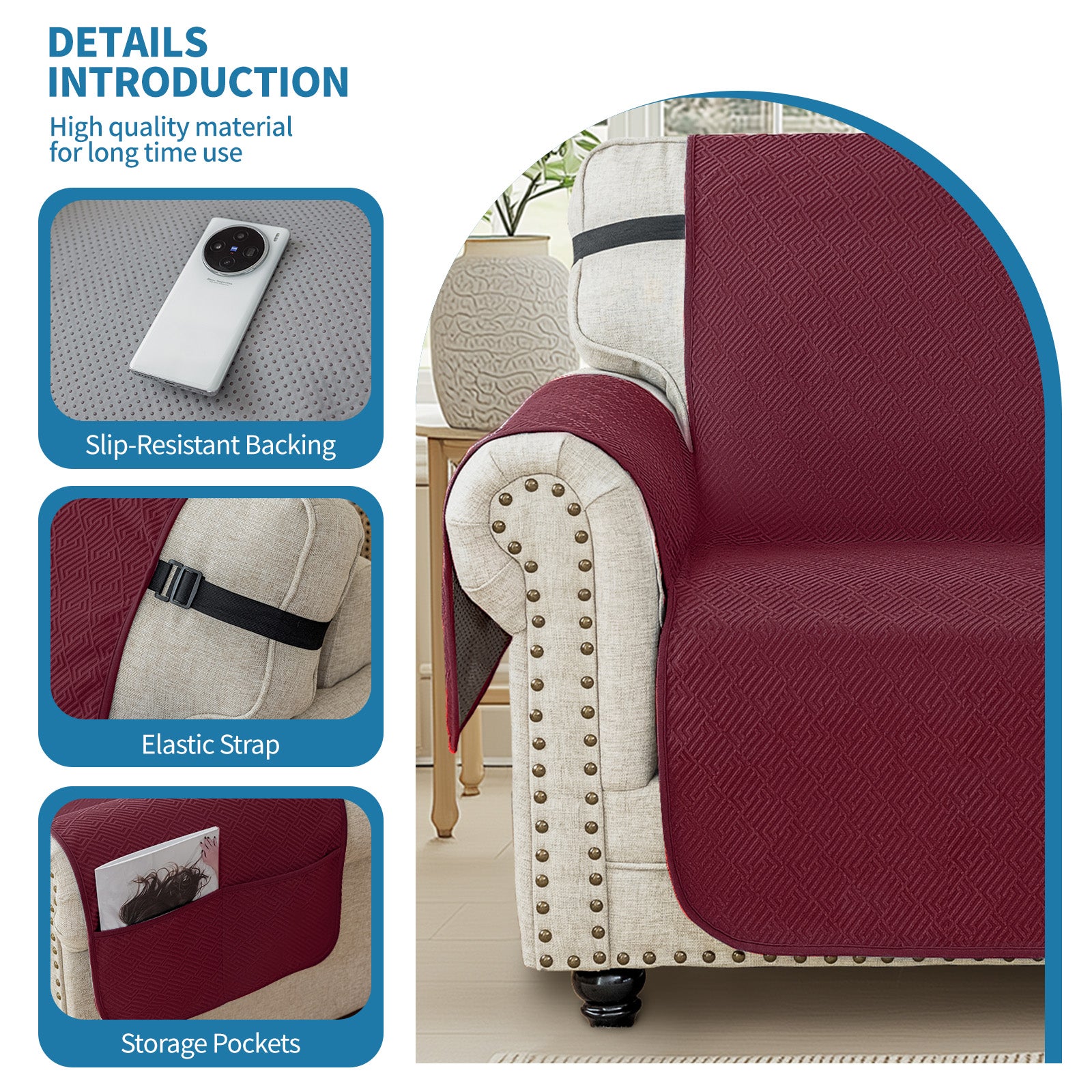 4 Seater Sofa Cover with Armrests in Anti-Scratch Non-Slip Green Fabric