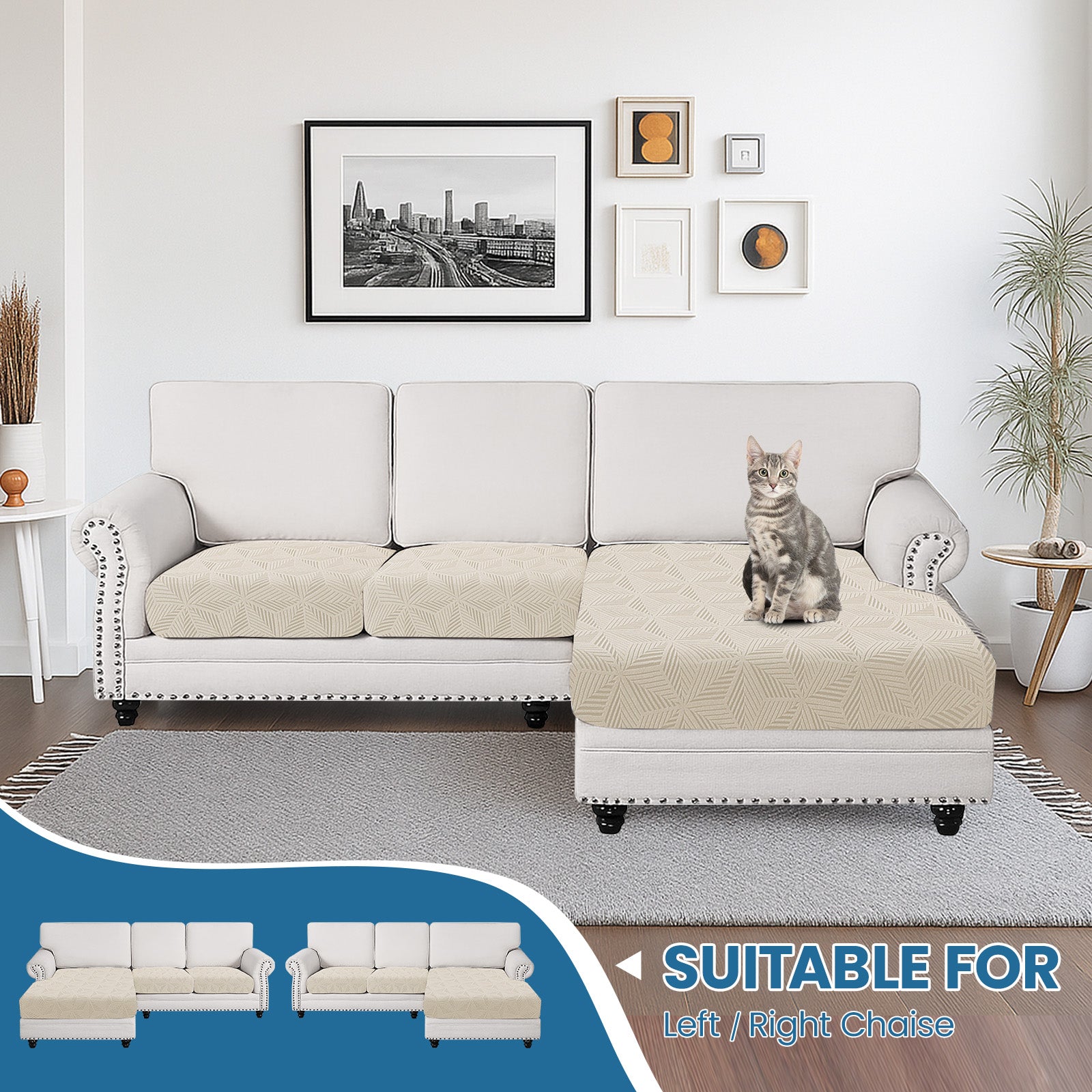 Ystyle Stretch Sofa Seat Cover Anti Slip Geometric( 2*1-Seat + Chaise Lounge)-YSTYLE