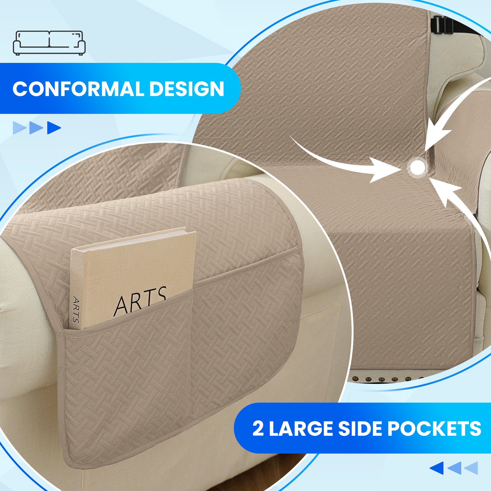 imperméable canapé couverture with Side Pockets and antidérapant design