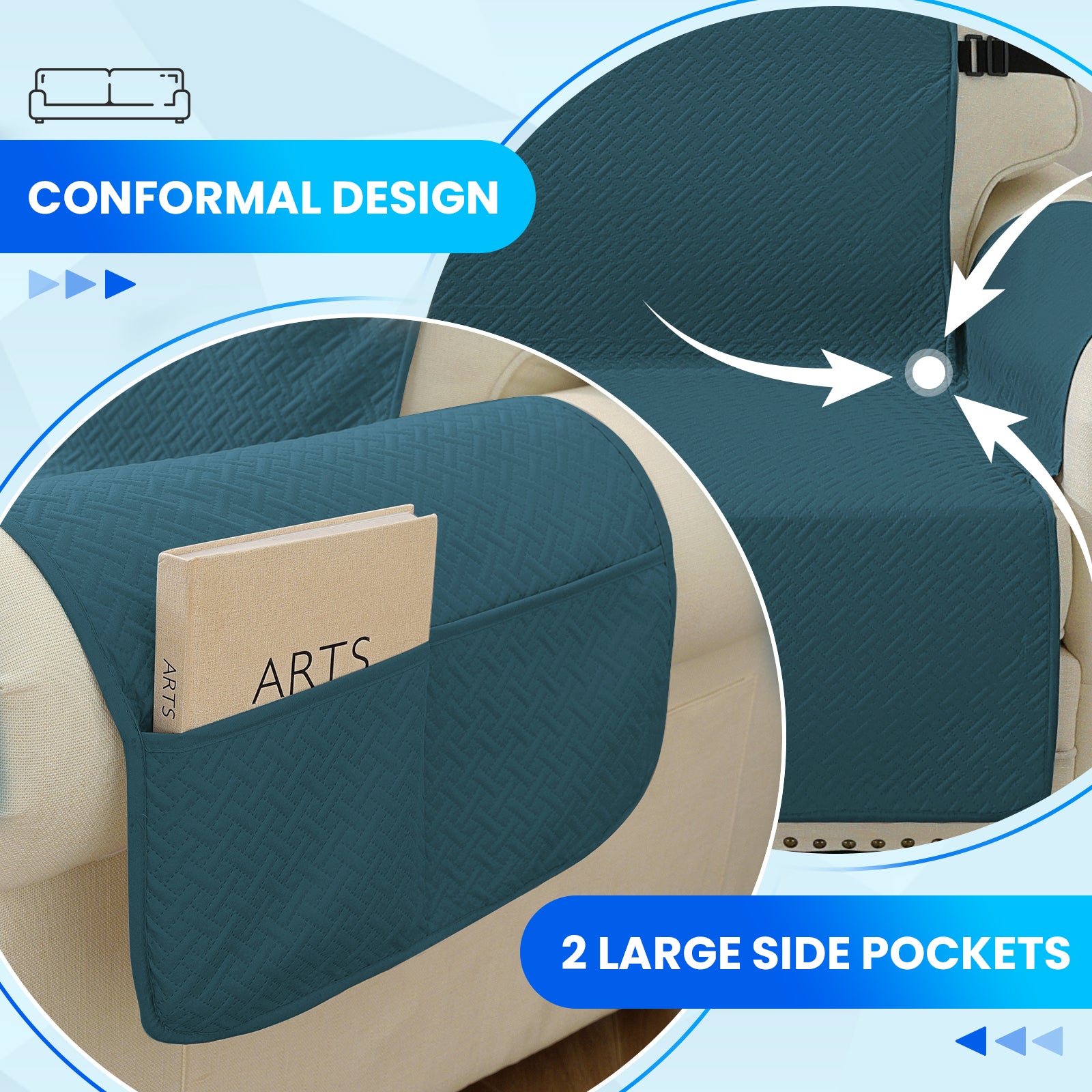 imperméable canapé couverture with Side Pockets and antidérapant design