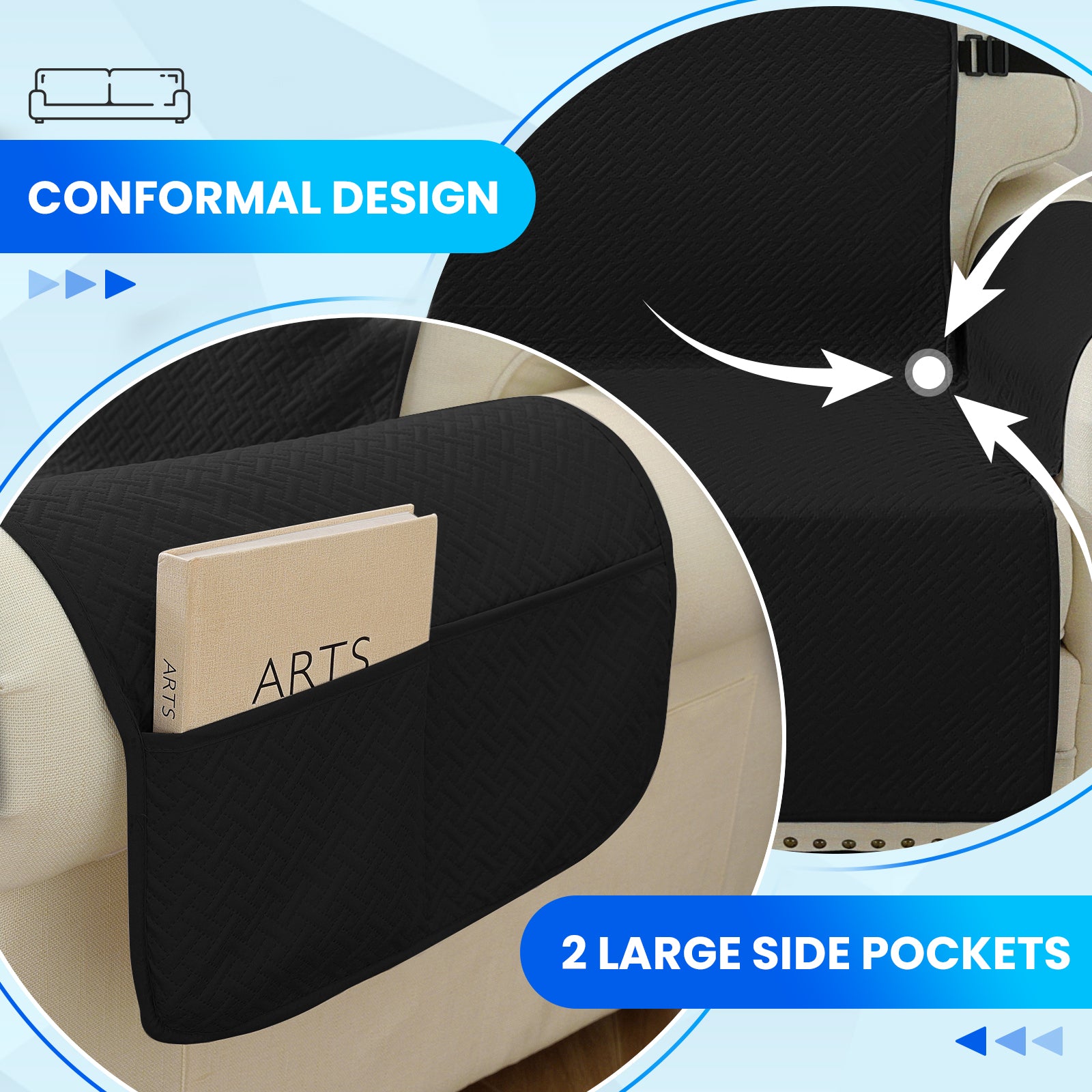 imperméable canapé couverture with Side Pockets and antidérapant design
