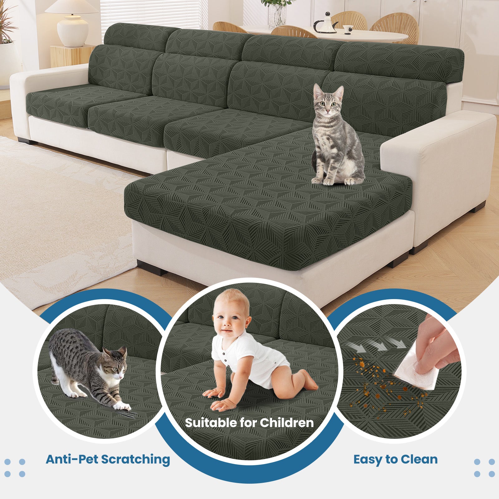 Ystyle Stretch Sofa Seat Cover 3-Seater L-Shaped Sofa Anti Slip Geometric-YSTYLE