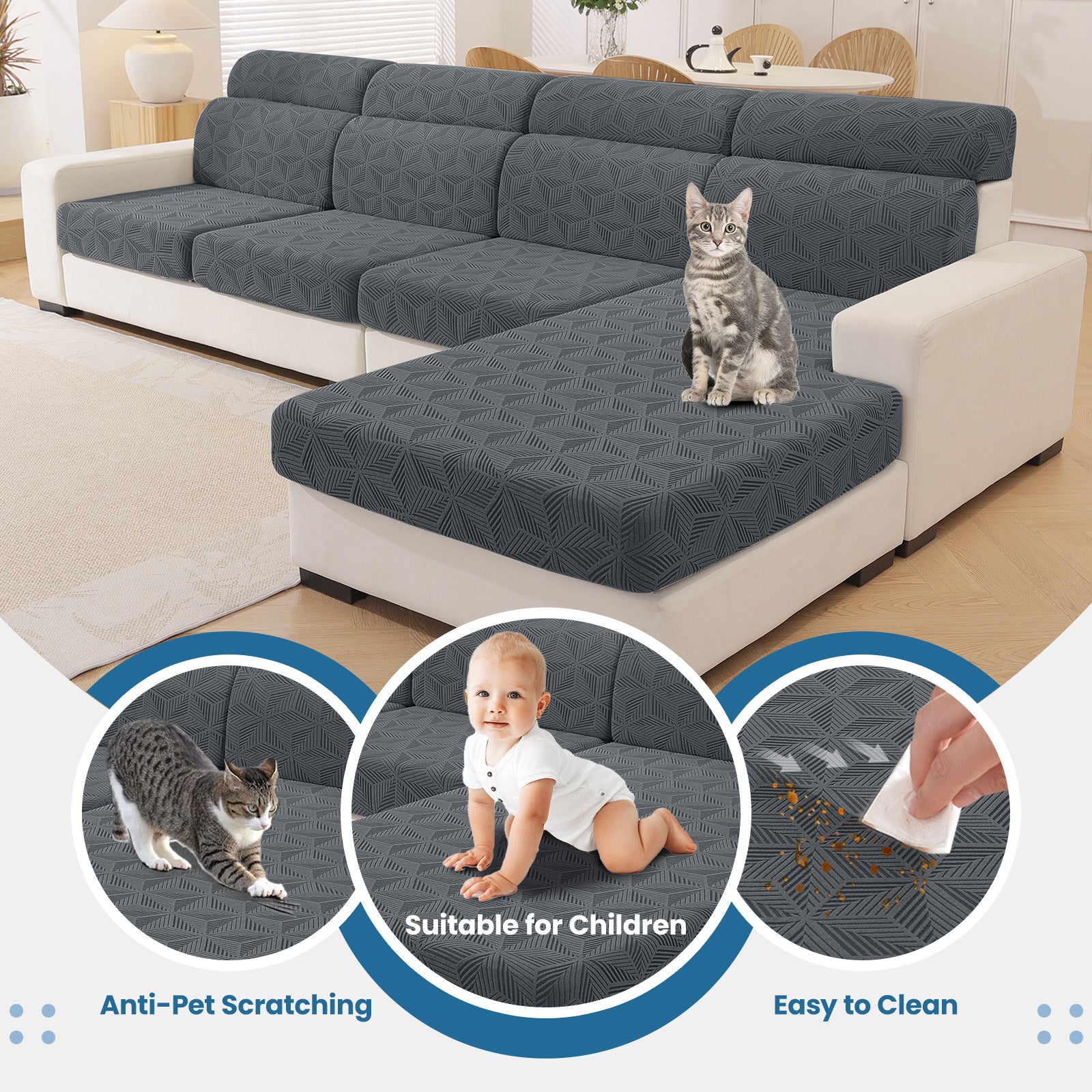 Ystyle Stretch Sofa Seat Cover 3-Seater L-Shaped Sofa Anti Slip Geometric-YSTYLE