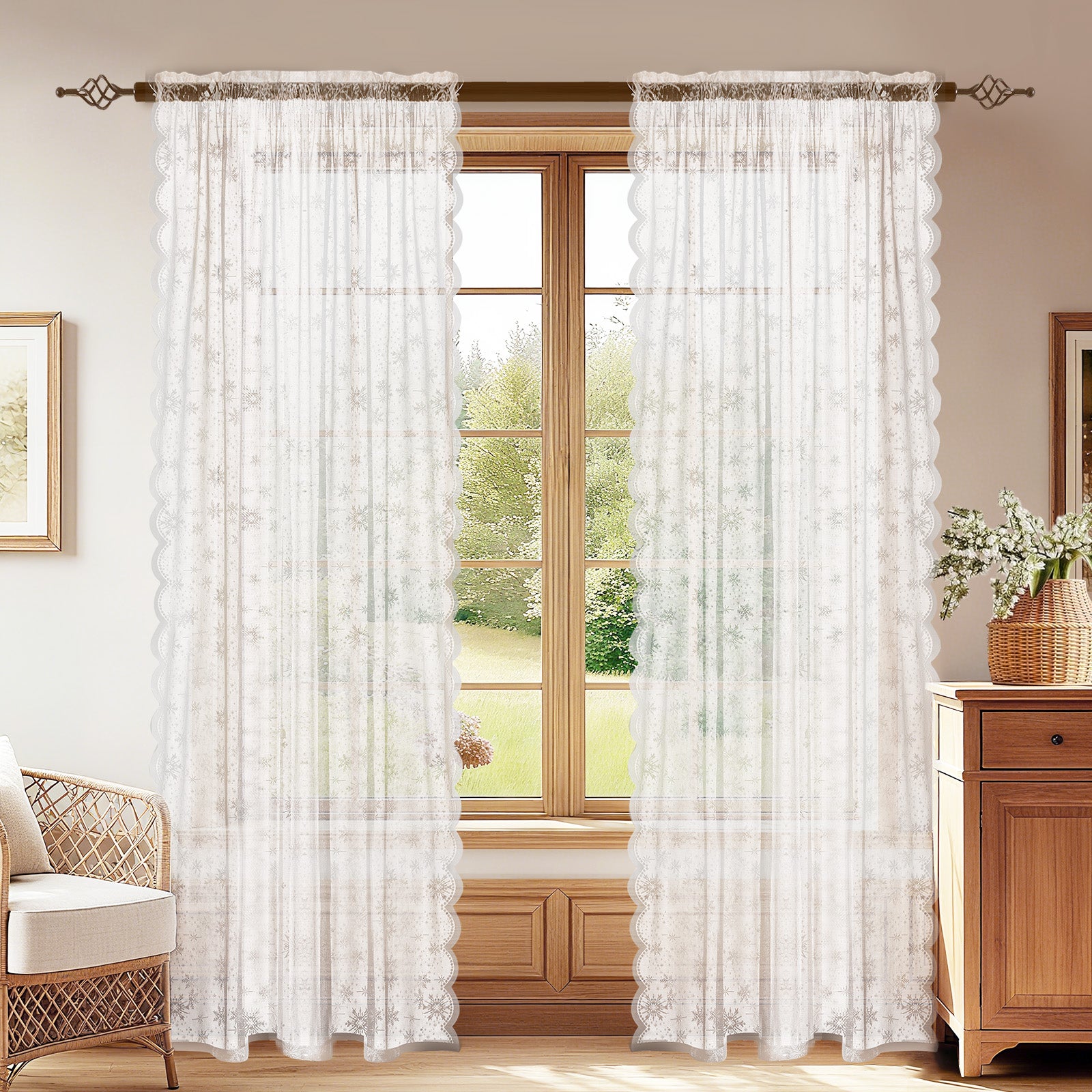 Ystyle 2 Panels Set, Semi-Sheer Indoor Curtains, 70x240cm, Classic Snowflake Pattern Lace Voile Curtains with Rod Pocket