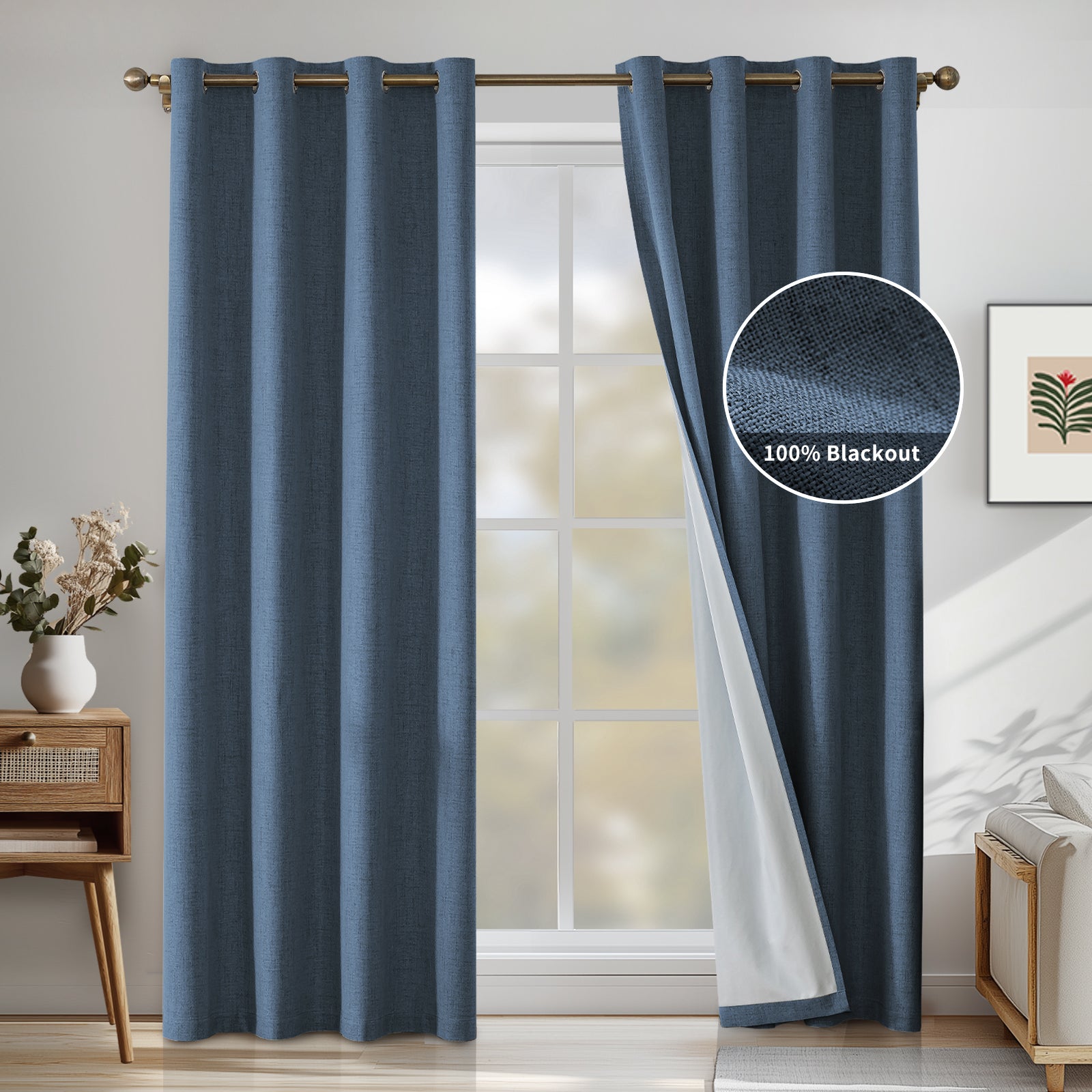2 Pieces 100% Blackout Linen Curtains 140x175 cm Thermal
