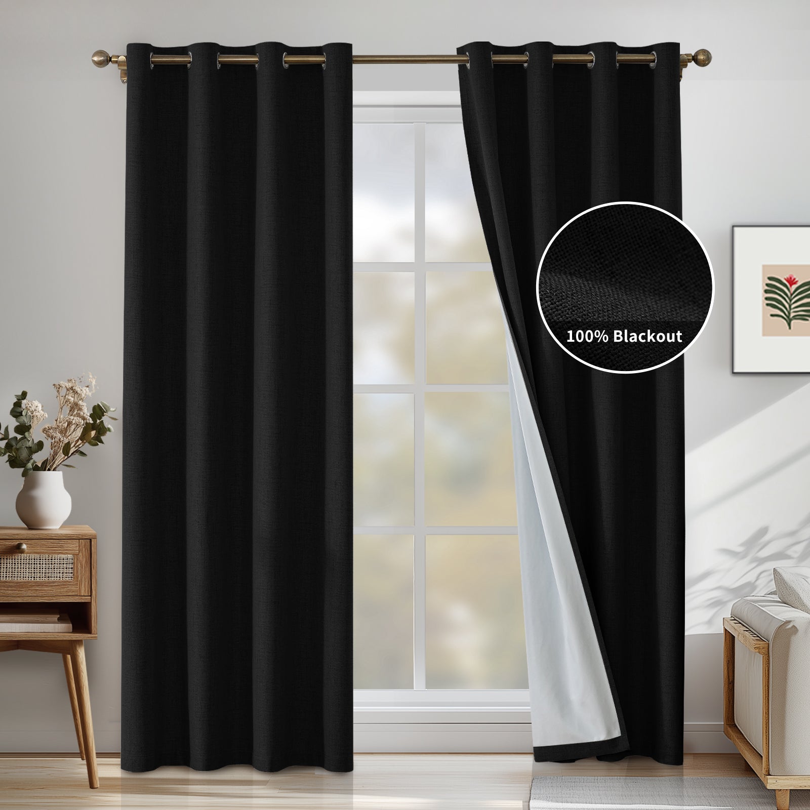 2 Pieces 100% Blackout Linen Curtains 140x175 cm Thermal