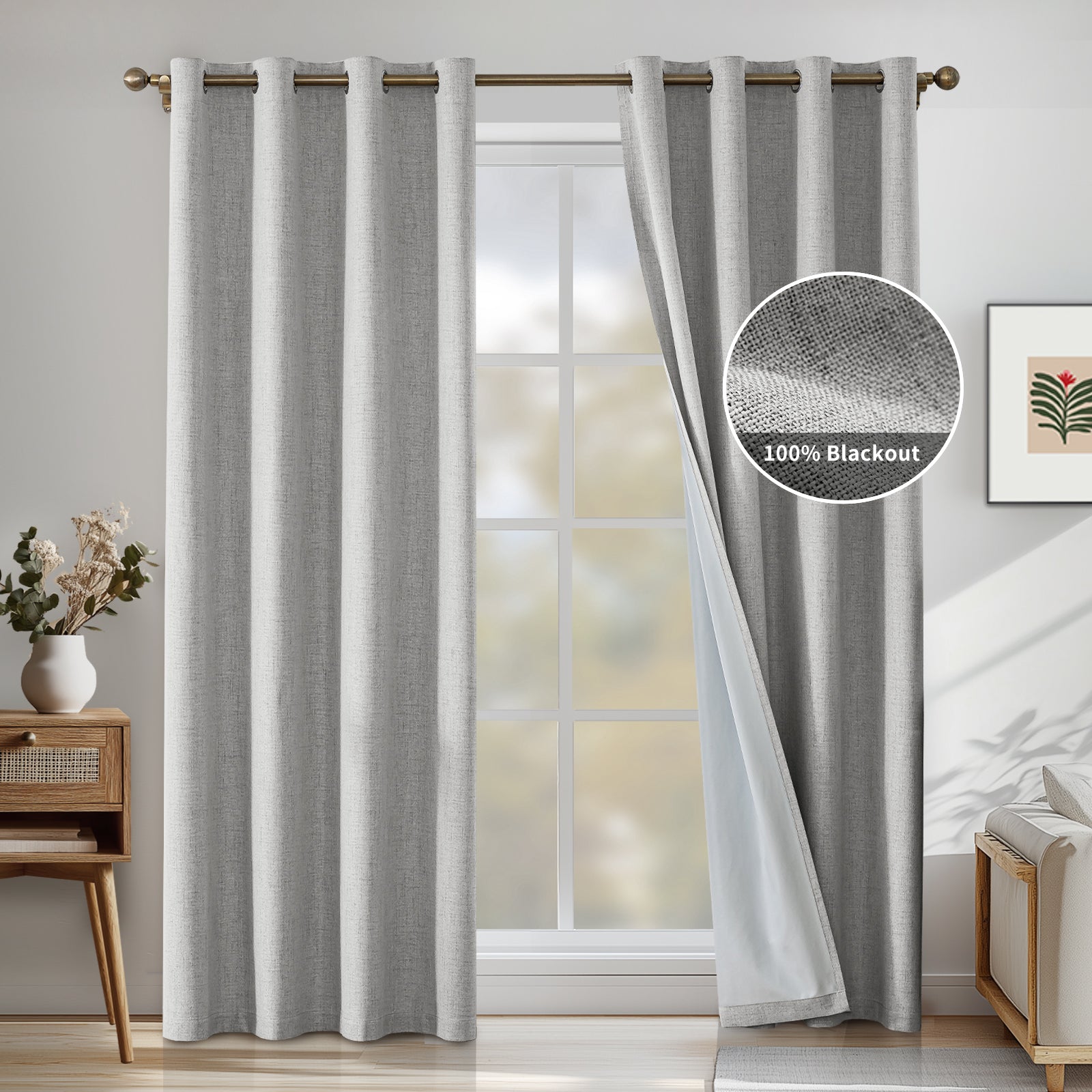 2 Pieces 100% Blackout Linen Curtains 140x175 cm Thermal