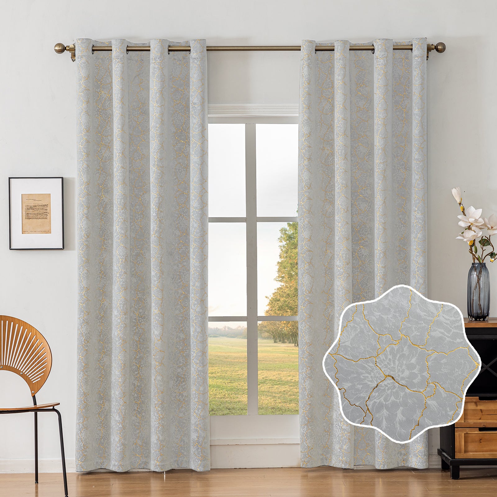 Ystyle 2 Stück Samt Verdunklungs Vorhänge 140x300 cm Gold Druck