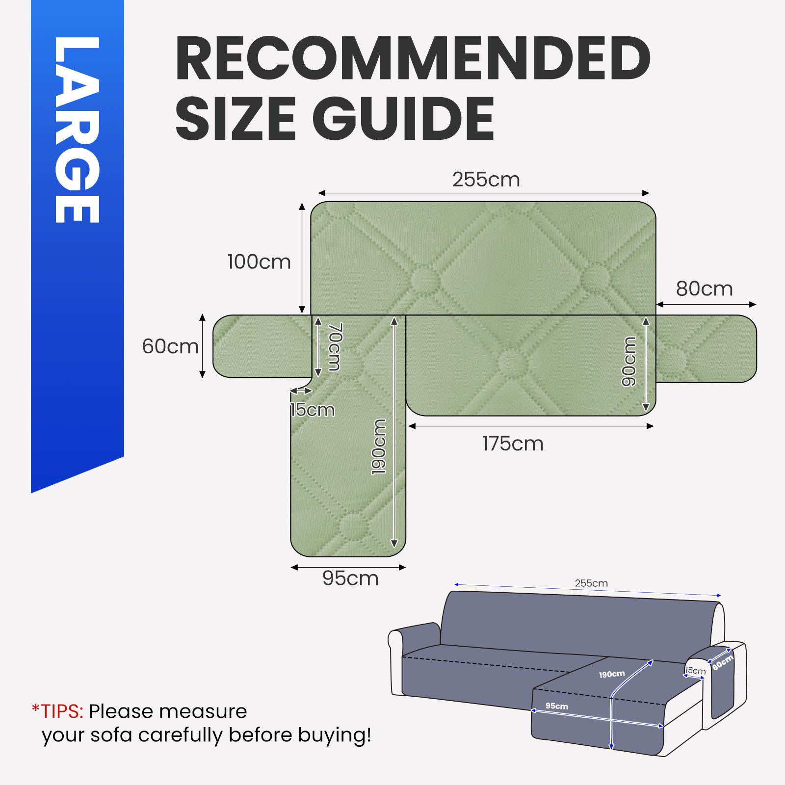 Ystyle Waterproof 3 Seater Corner Sofa Cover Reversible 225 cm