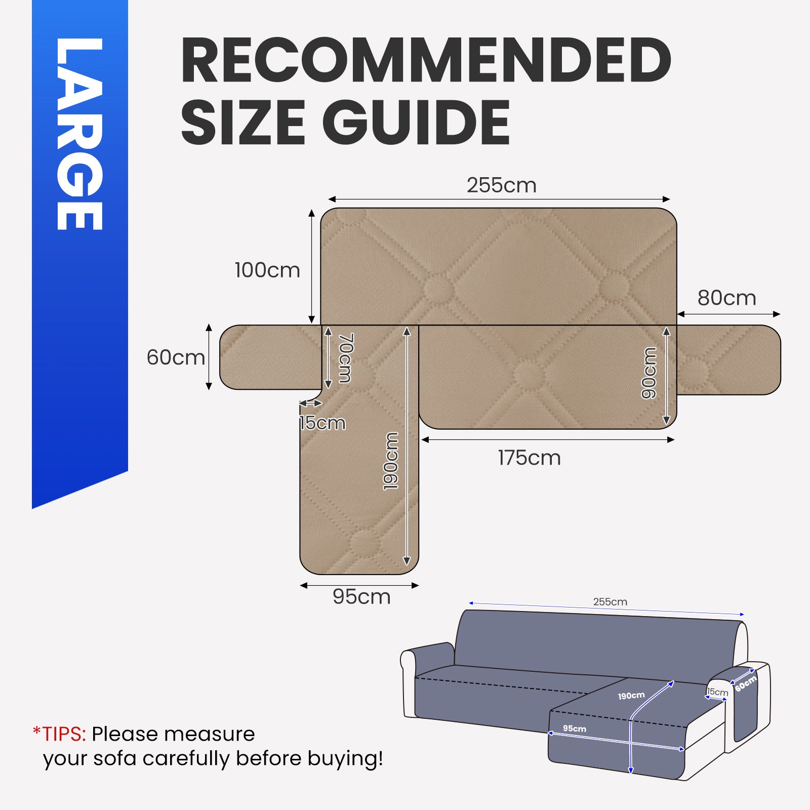 Ystyle Waterproof 3 Seater Corner Sofa Cover Reversible 225 cm