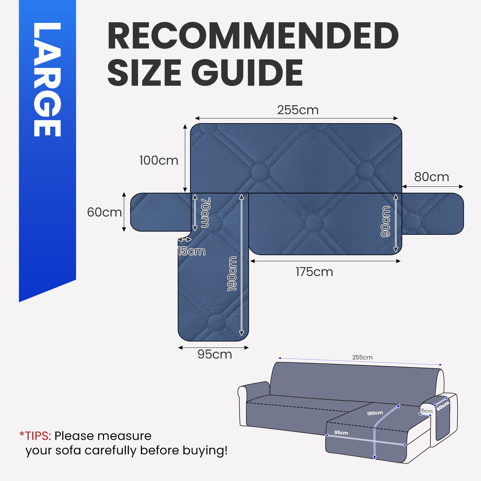 Ystyle Waterproof 3 Seater Corner Sofa Cover Reversible 225 cm