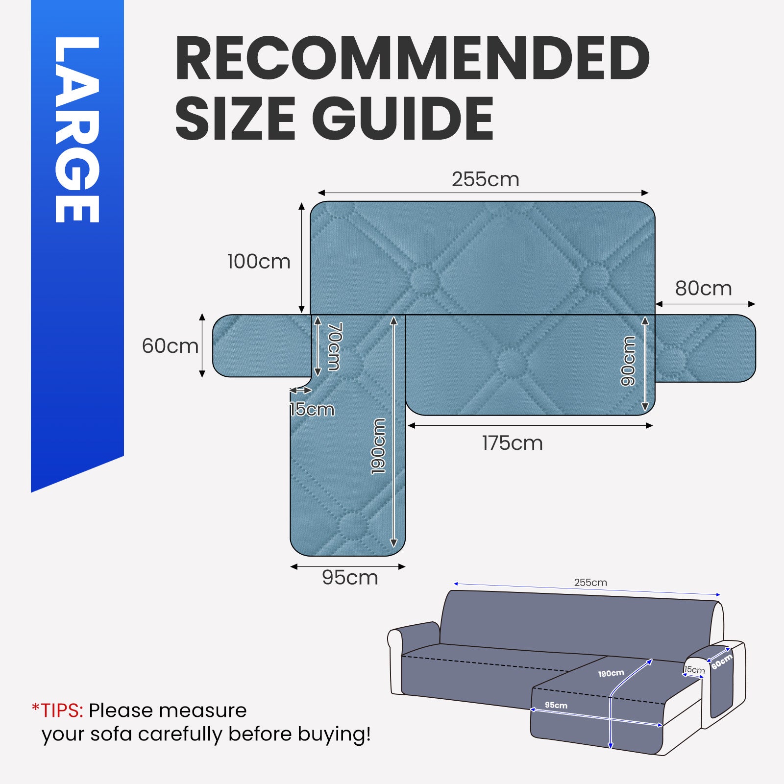 Ystyle Waterproof 3 Seater Corner Sofa Cover Reversible 225 cm