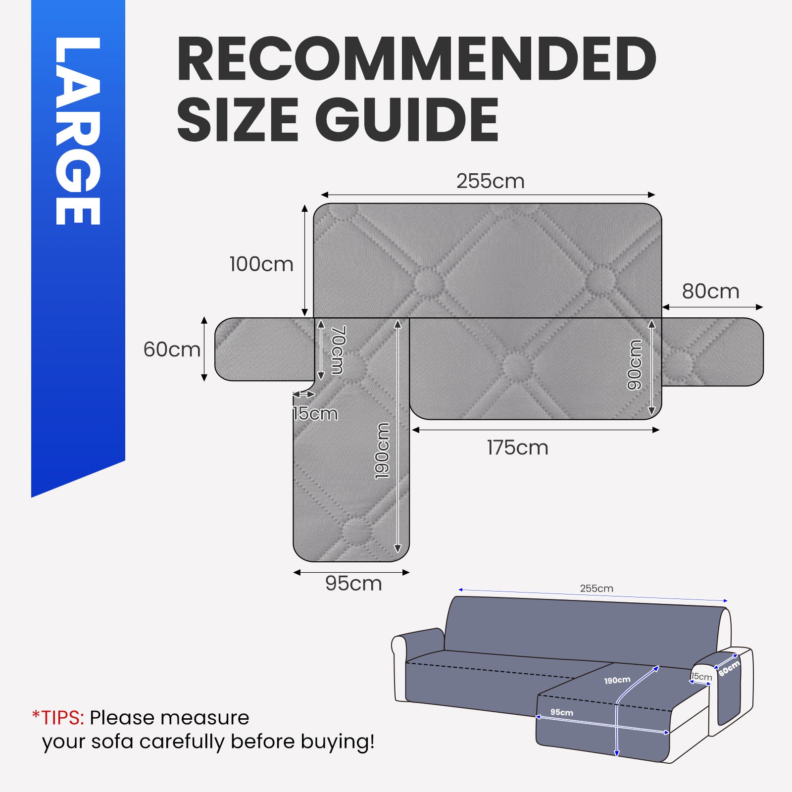 Ystyle Waterproof 3 Seater Corner Sofa Cover Reversible 225 cm