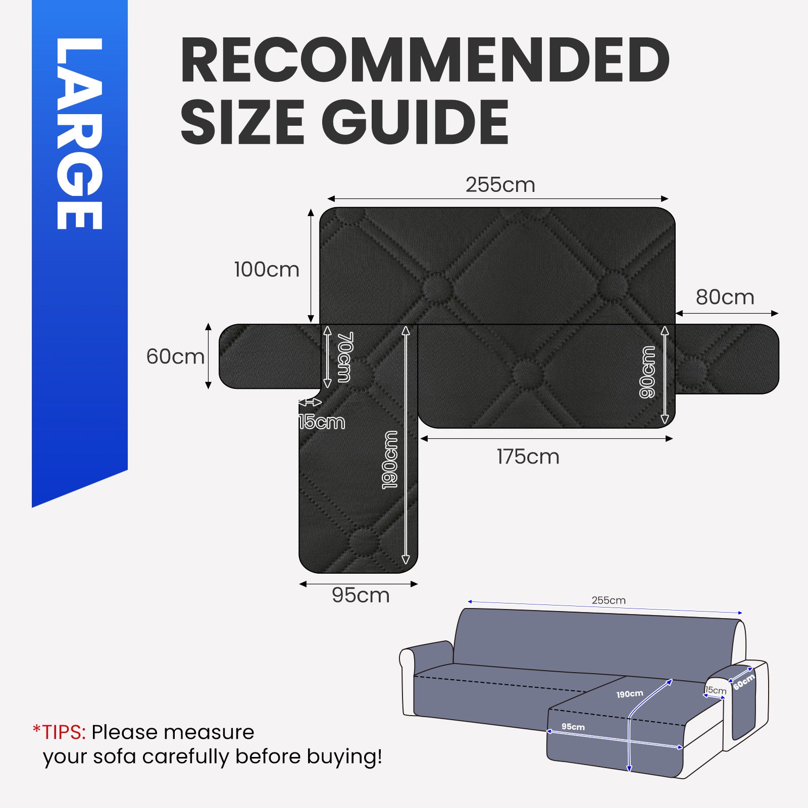 Ystyle Waterproof 3 Seater Corner Sofa Cover Reversible 225 cm