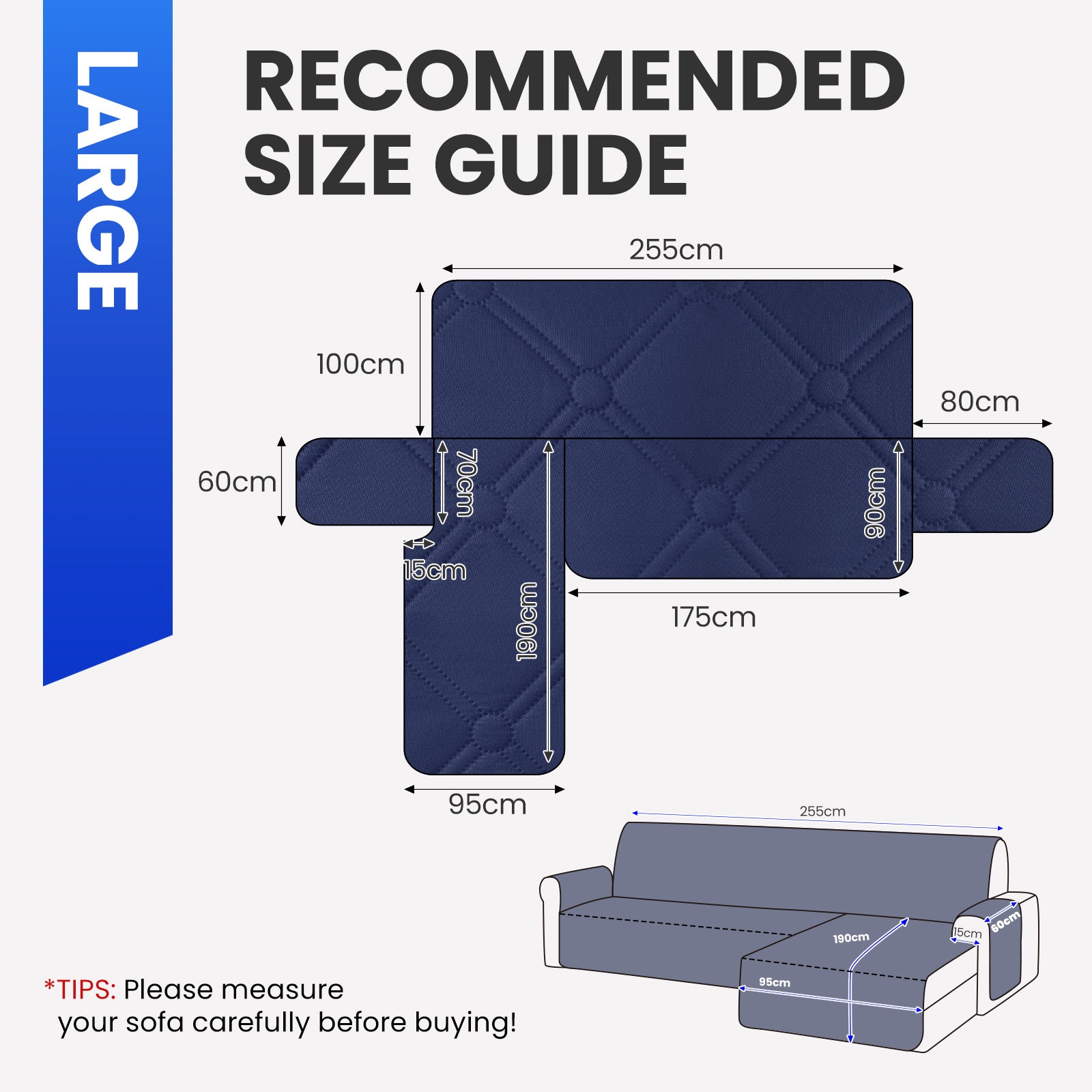 Ystyle Waterproof 3 Seater Corner Sofa Cover Reversible 225 cm