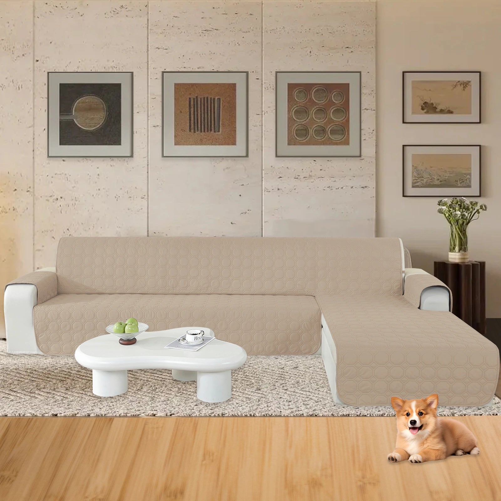 YSTYLE L-Shape for 2 Seater WaterProof Sofa Cover with Armrests,Elegant- for Dogs , Non-Slip and Scratch Resistant Design-Yuanbao Grid