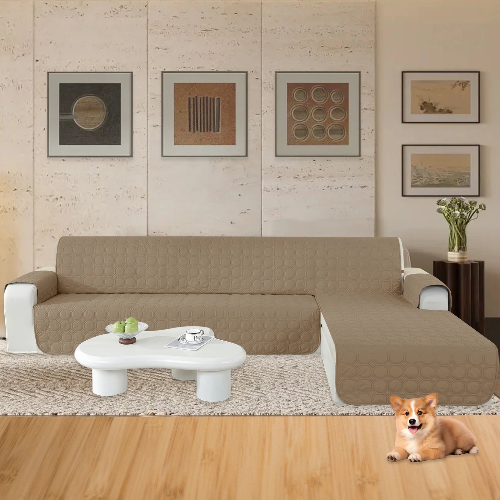 YSTYLE L-Shape for 4 Seater WaterProof Sofa Cover with Armrests,Elegant- for Dogs , Non-Slip and Scratch Resistant Design-Yuanbao Grid