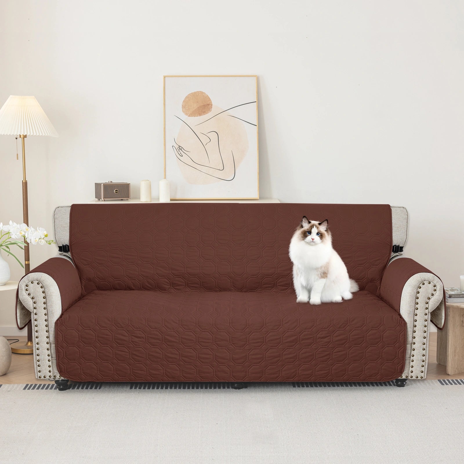 YSTYLE 3 Seater WaterProof Sofa Cover with Armrests,Elegant- for Dogs , Non-Slip and Scratch Resistant Design-Yuanbao Grid