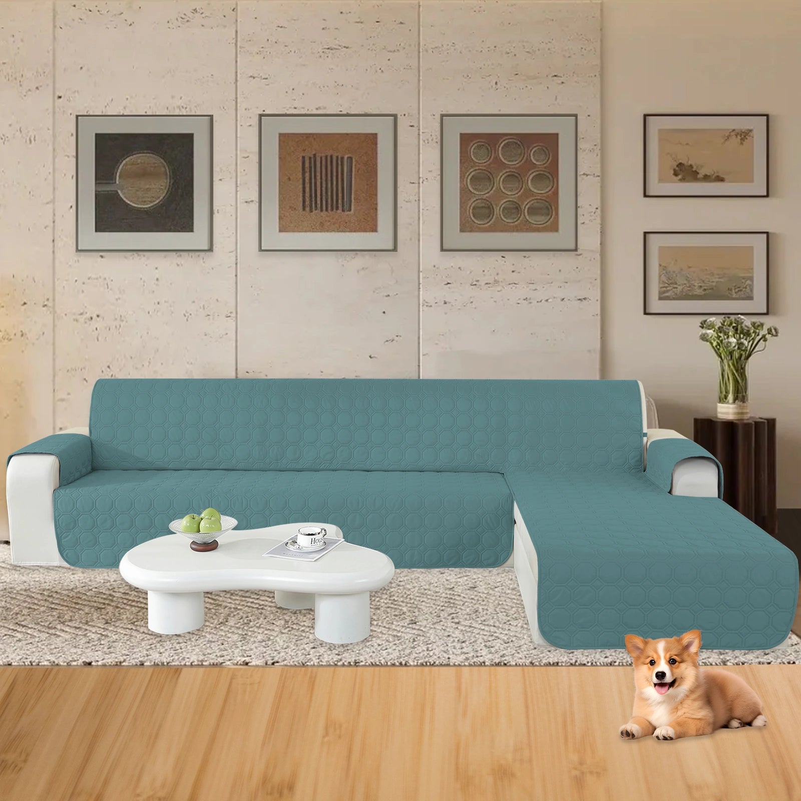 YSTYLE L-Shape for 3 Seater WaterProof Sofa Cover with Armrests,Elegant- for Dogs , Non-Slip and Scratch Resistant Design-Yuanbao Grid