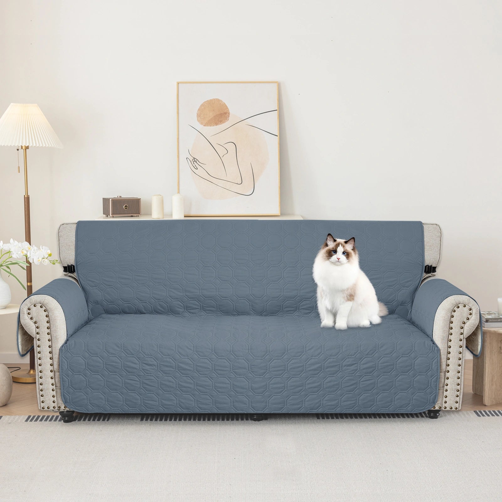 YSTYLE 2 Seater WaterProof Sofa Cover with Armrests,Elegant- for Dogs , Non-Slip and Scratch Resistant Design-Yuanbao Grid