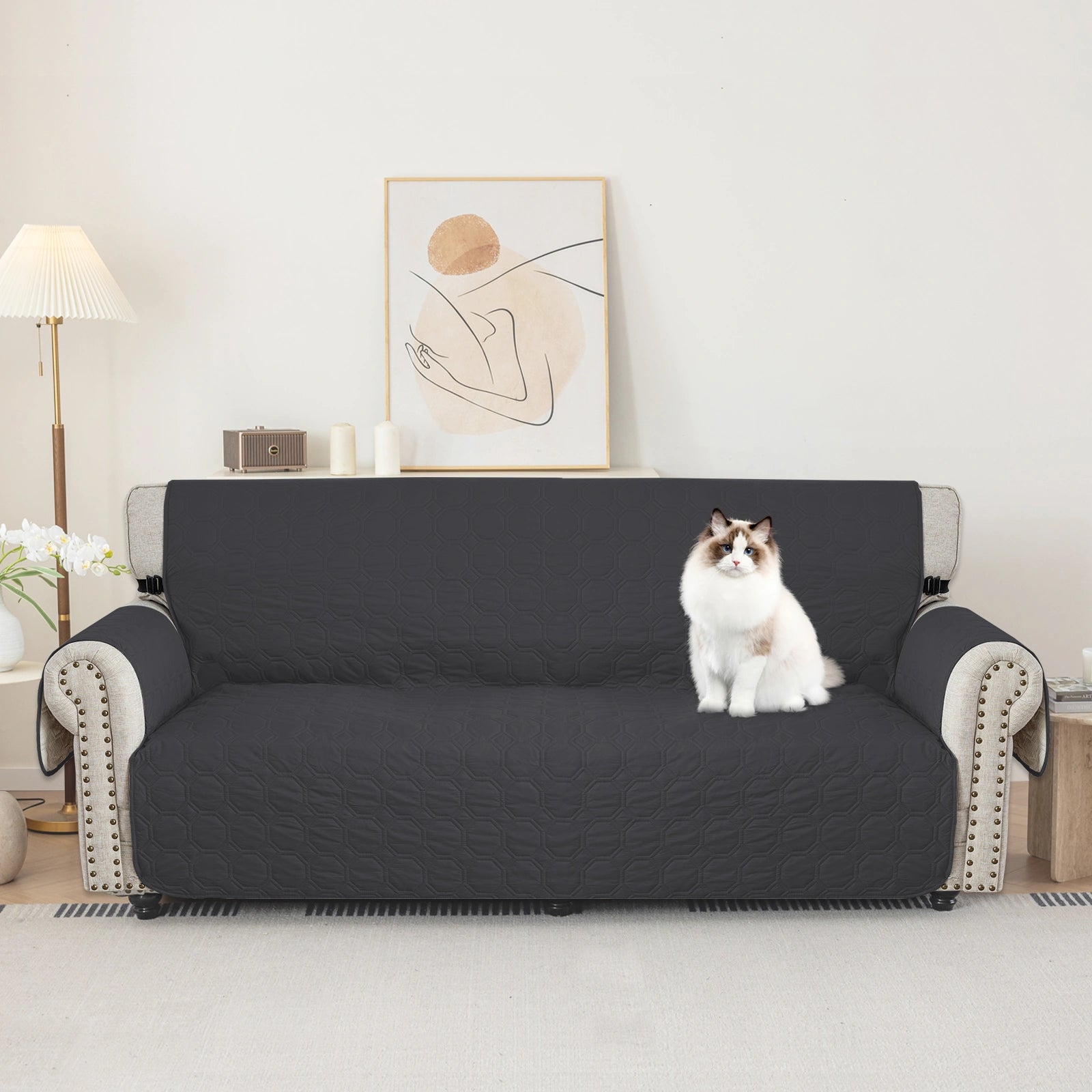 YSTYLE 3 Seater WaterProof Sofa Cover with Armrests,Elegant- for Dogs , Non-Slip and Scratch Resistant Design-Yuanbao Grid