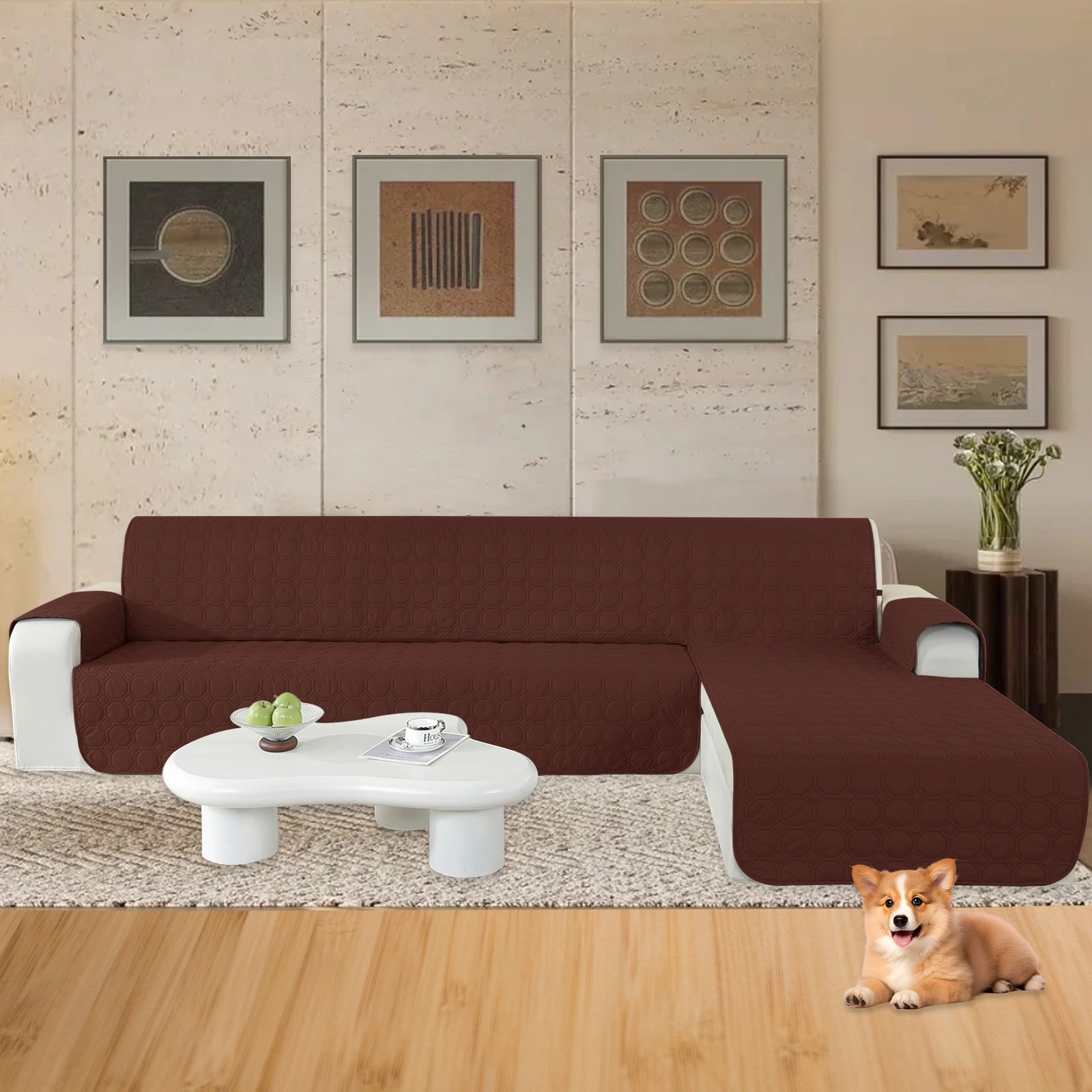 YSTYLE L-Shape for 4 Seater WaterProof Sofa Cover with Armrests,Elegant- for Dogs , Non-Slip and Scratch Resistant Design-Yuanbao Grid