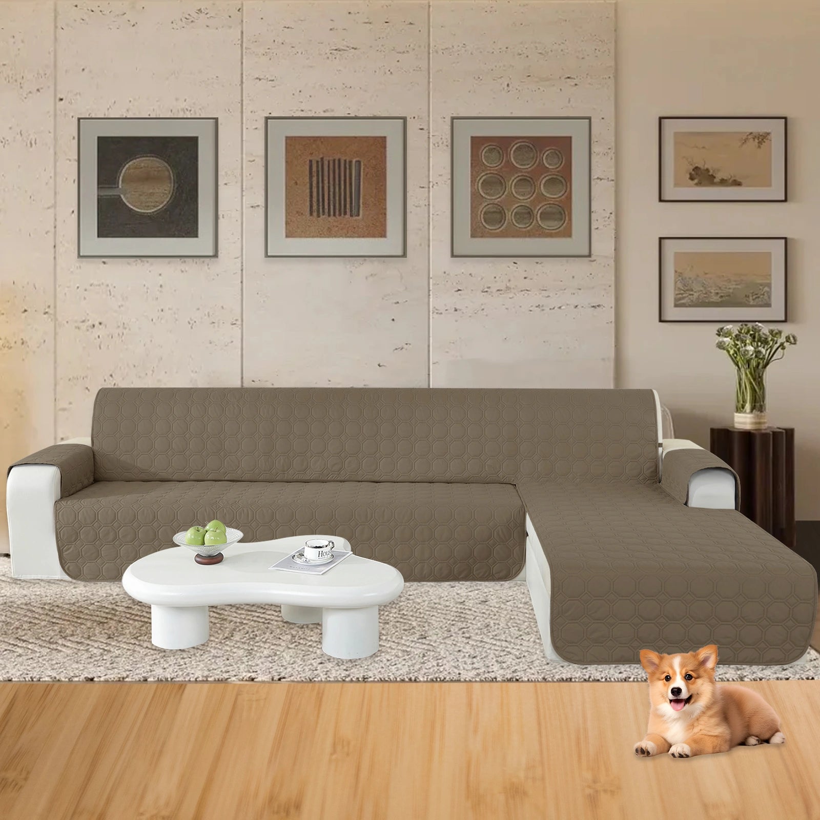 YSTYLE L-Shape for 4 Seater WaterProof Sofa Cover with Armrests,Elegant- for Dogs , Non-Slip and Scratch Resistant Design-Yuanbao Grid