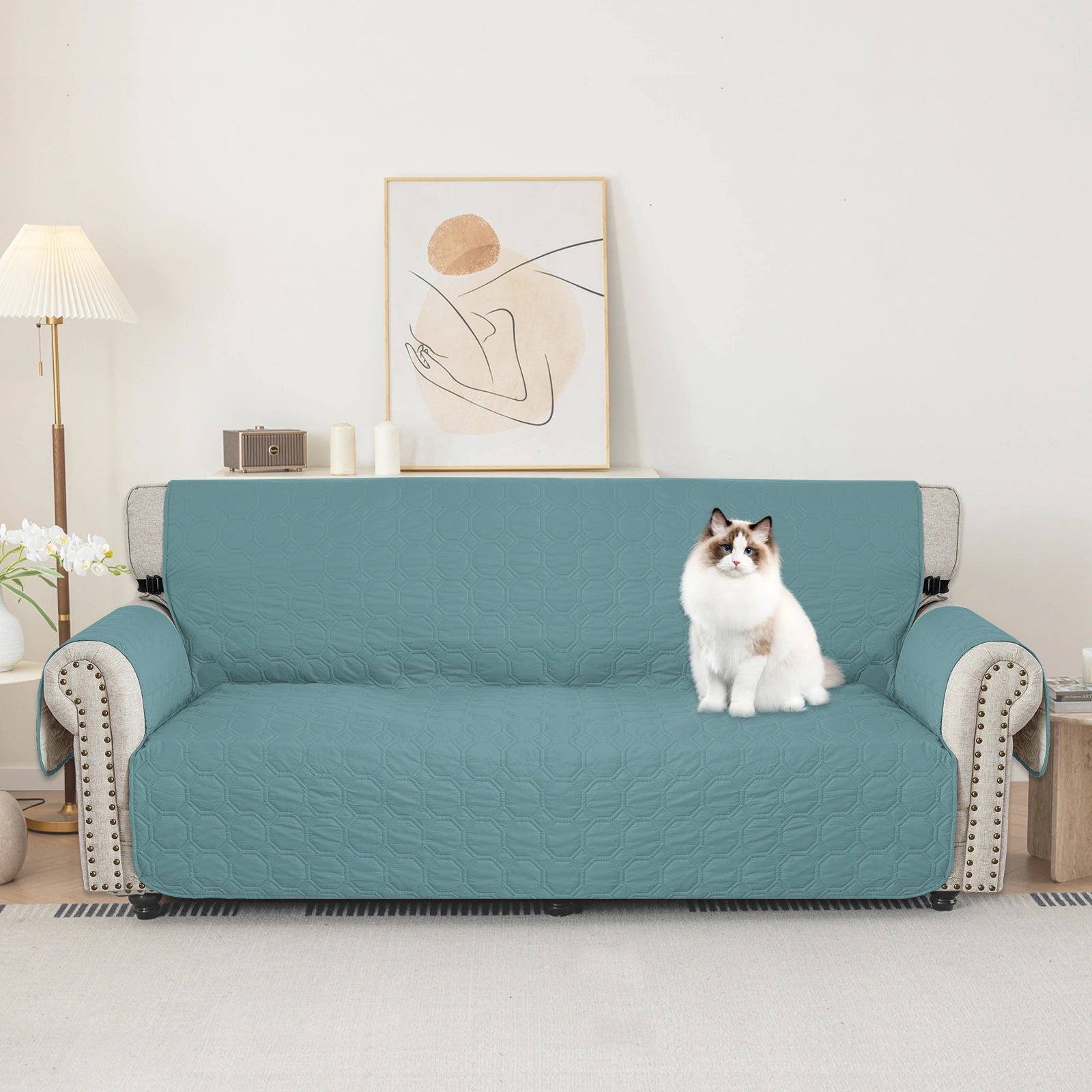 YSTYLE 4 Seater WaterProof Sofa Cover with Armrests,Elegant- for Dogs , Non-Slip and Scratch Resistant Design-Yuanbao Grid