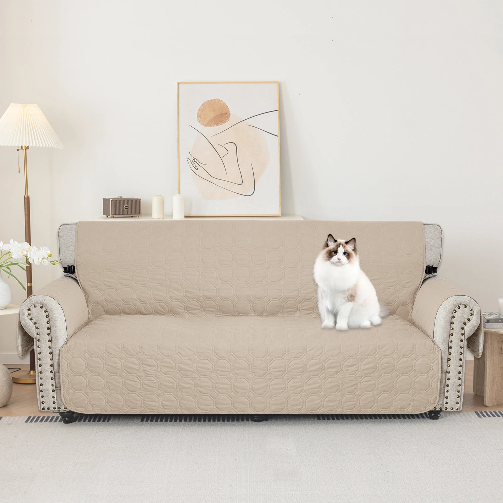 YSTYLE 2 Seater WaterProof Sofa Cover with Armrests,Elegant- for Dogs , Non-Slip and Scratch Resistant Design-Yuanbao Grid